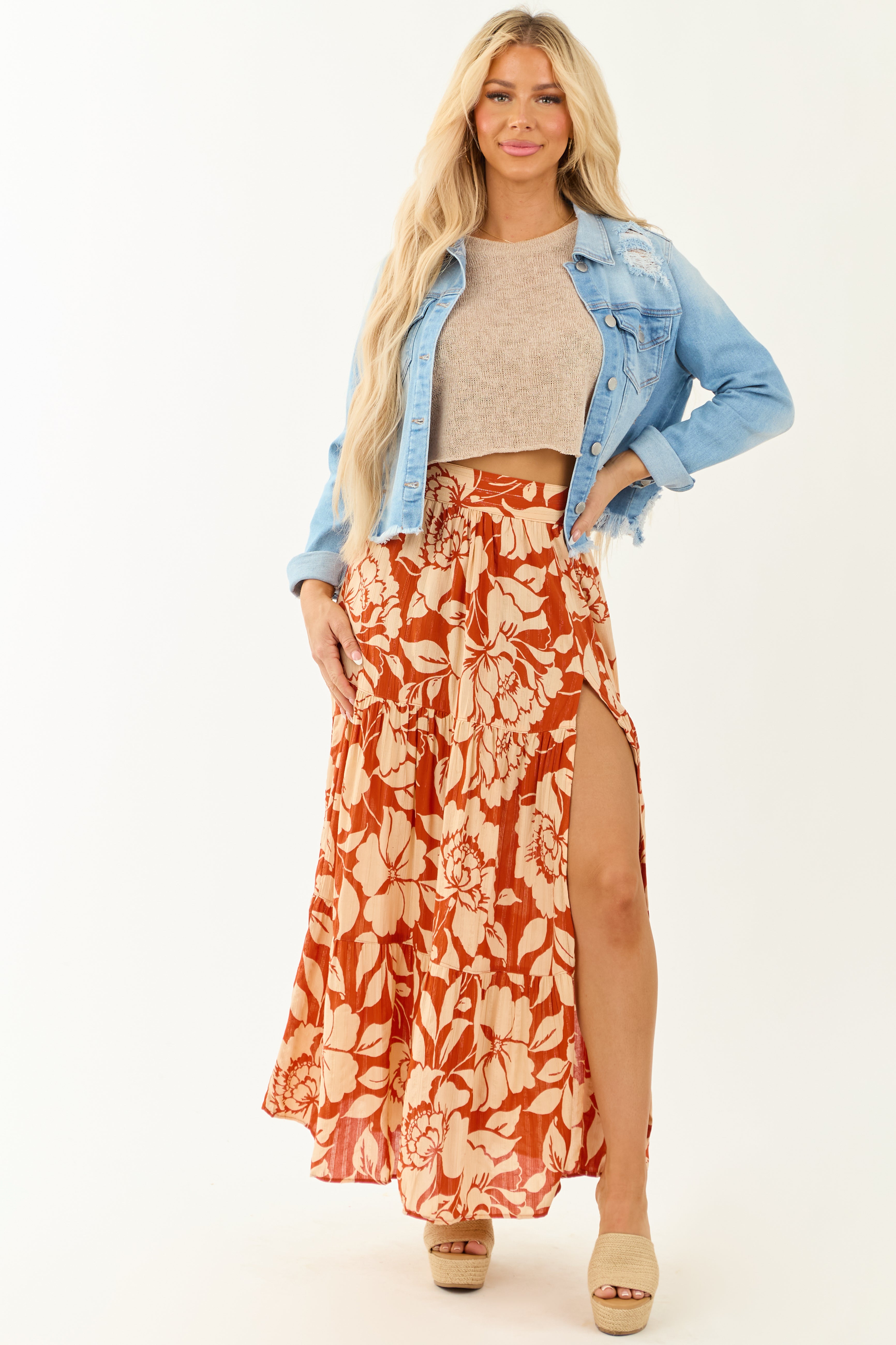 Burnt Orange and Beige Floral High Slit Maxi Skirt
