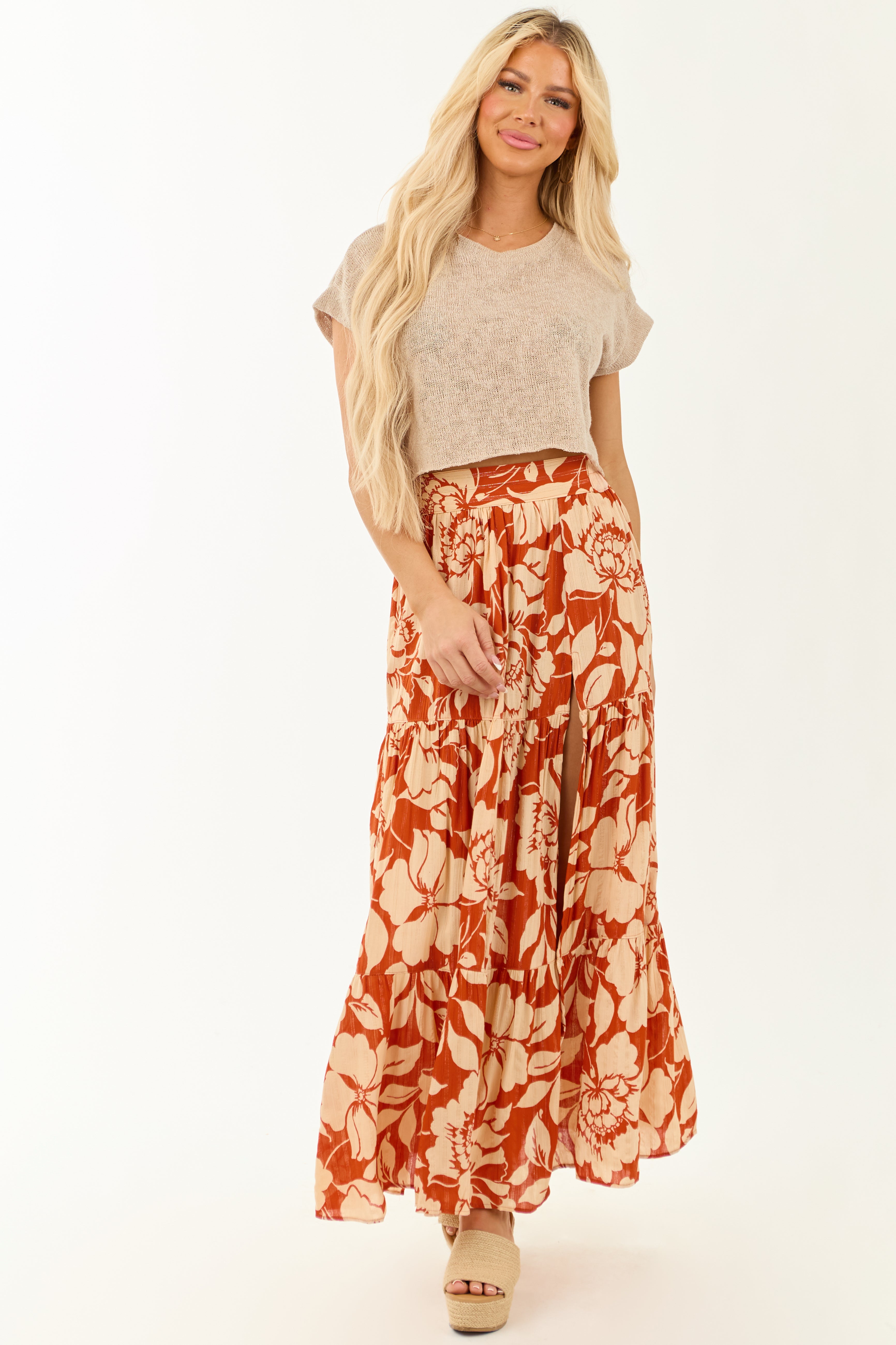 Burnt Orange and Beige Floral High Slit Maxi Skirt
