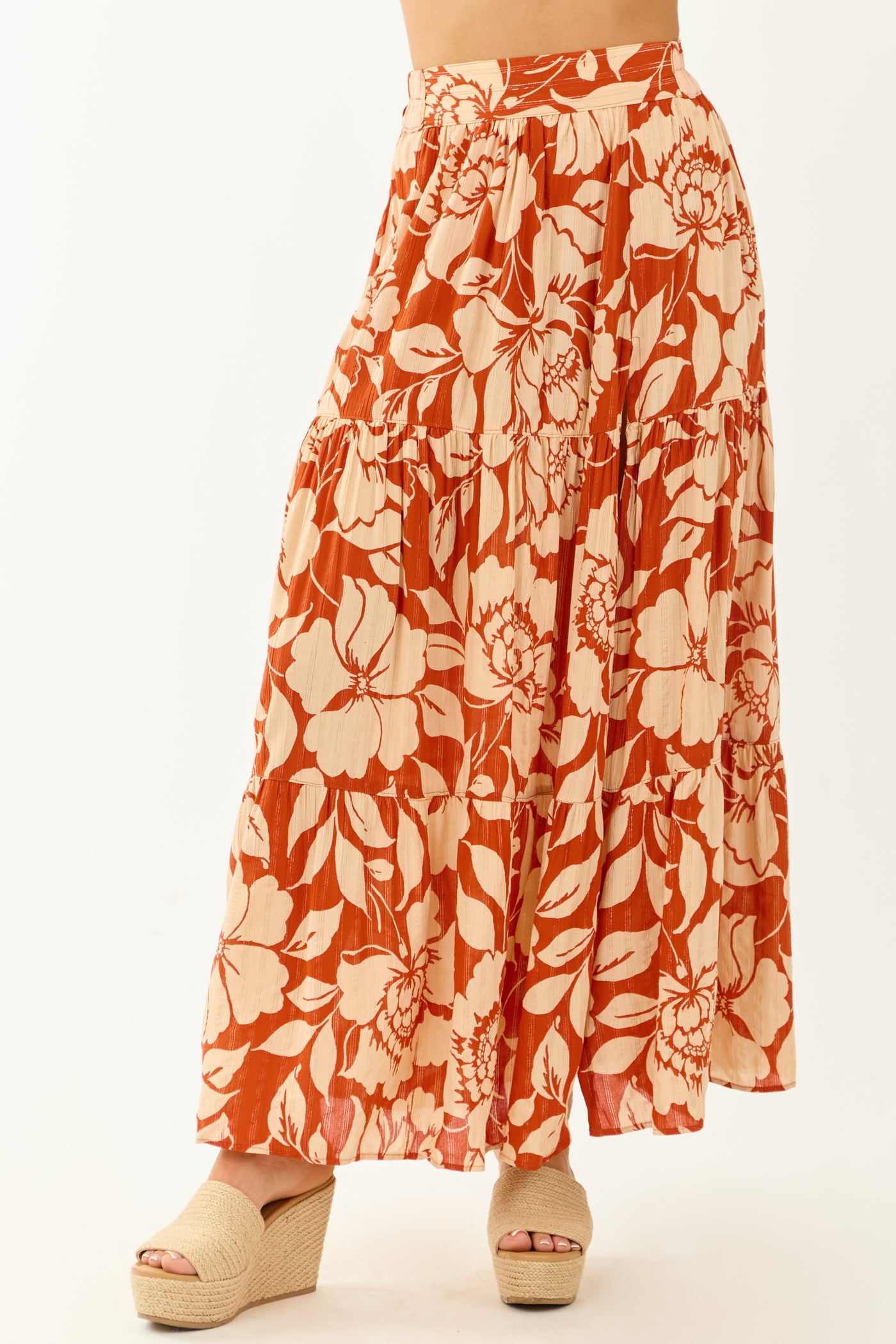 Burnt Orange and Beige Floral High Slit Maxi Skirt
