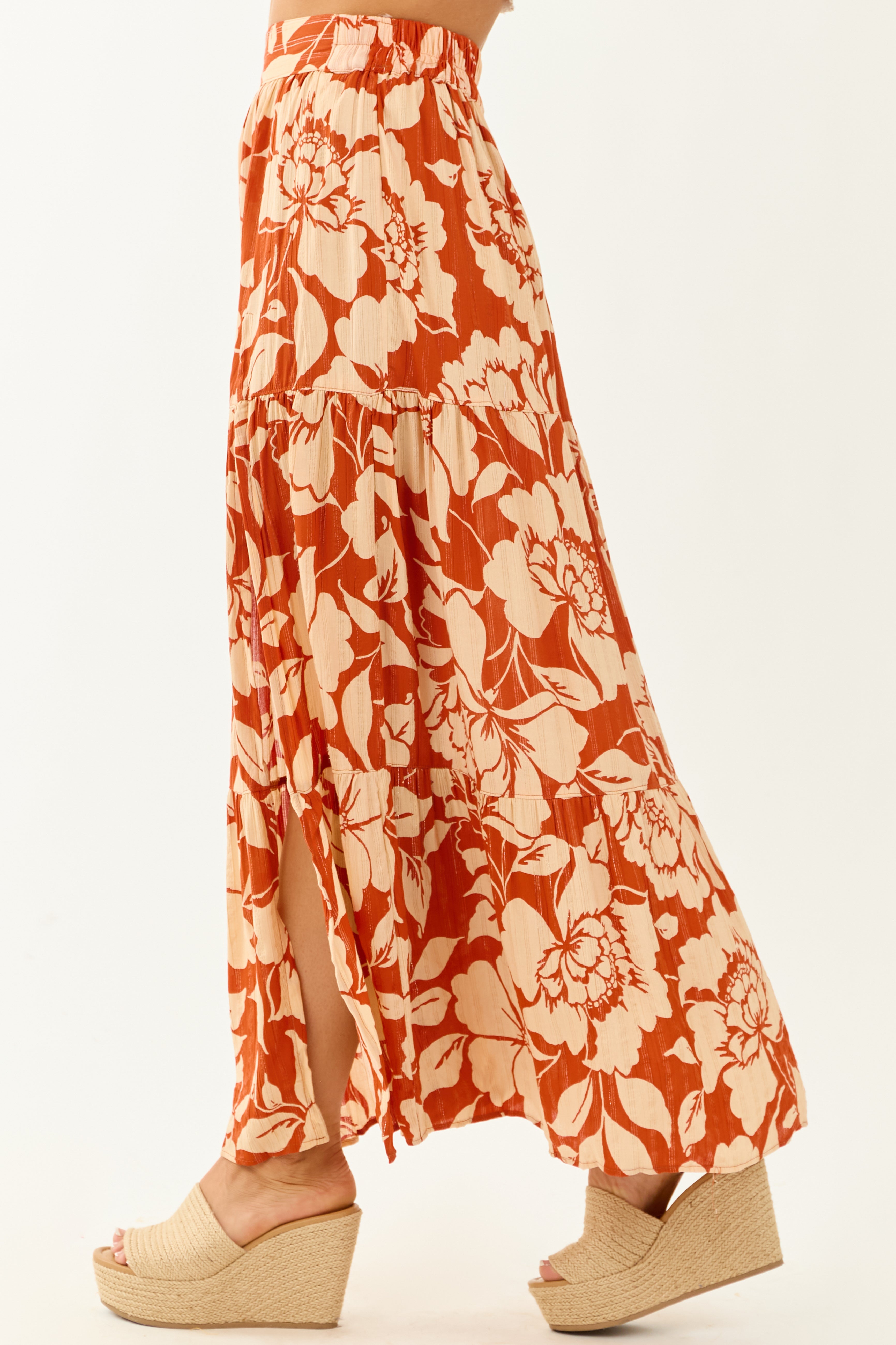 Burnt Orange and Beige Floral High Slit Maxi Skirt