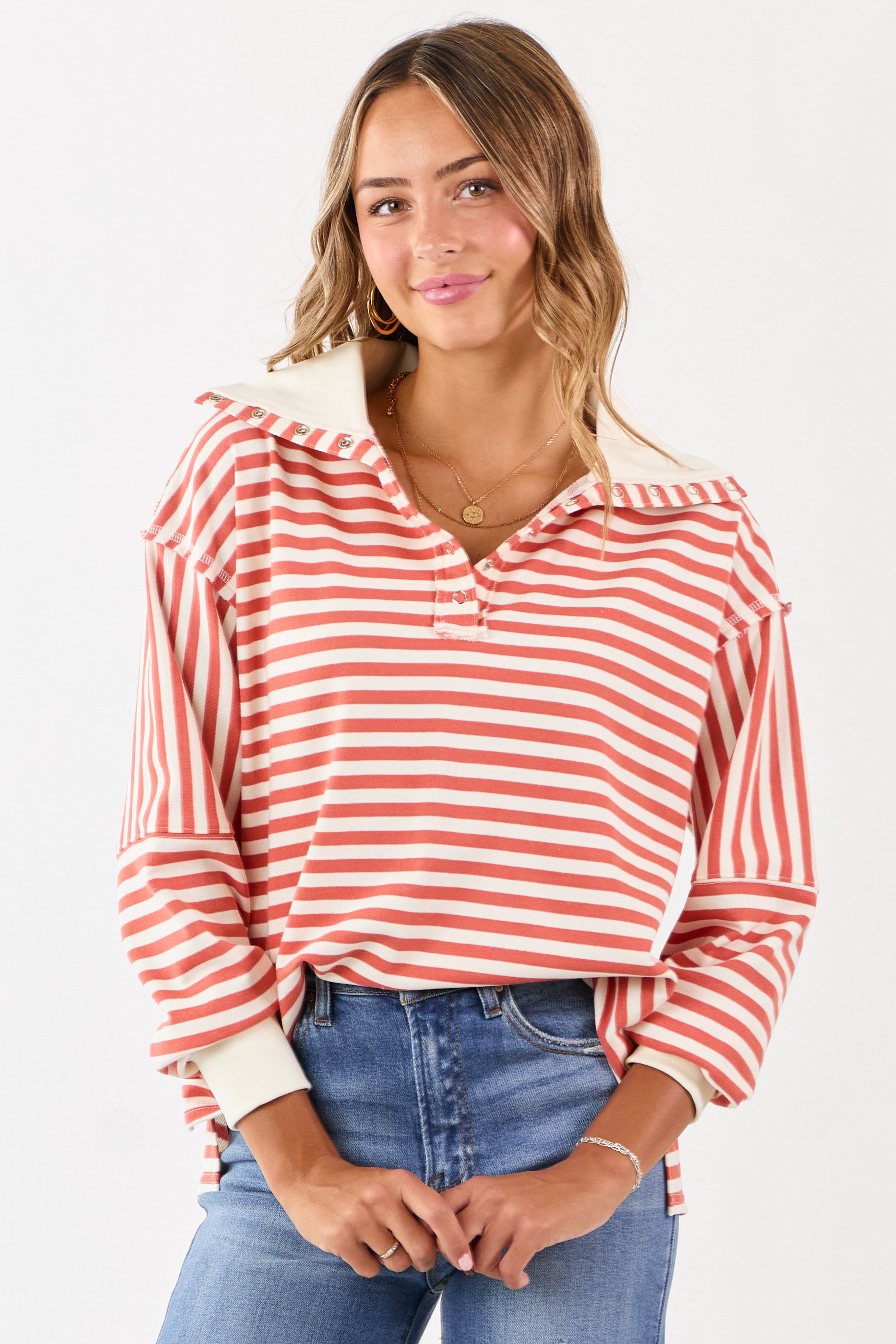 Burnt Orange and Cream Striped Henley Top