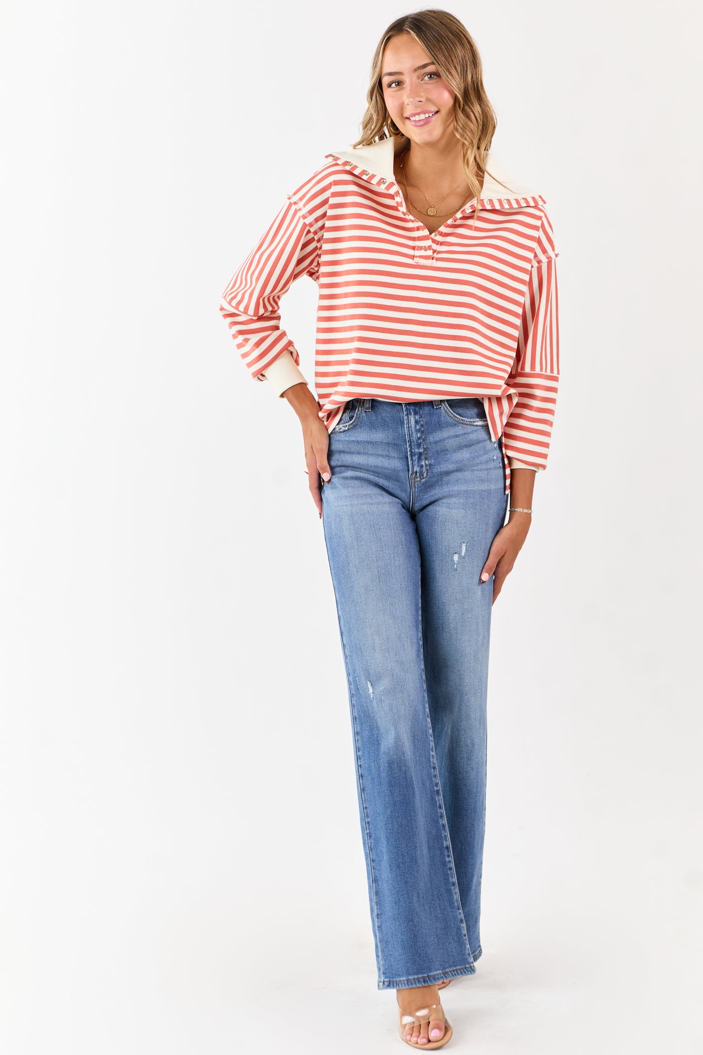 Burnt Orange and Cream Striped Henley Top