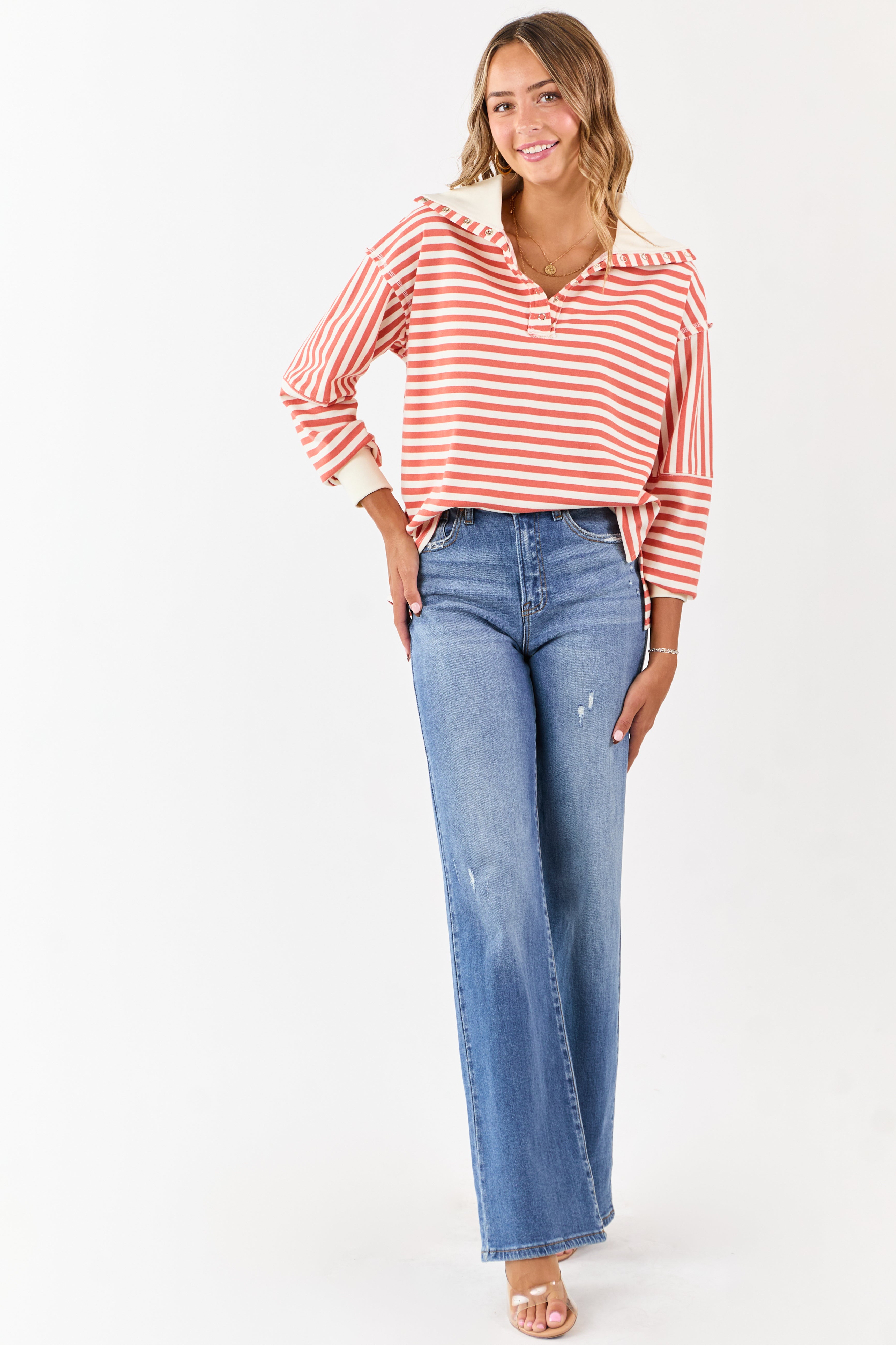 Burnt Orange and Cream Striped Henley Top