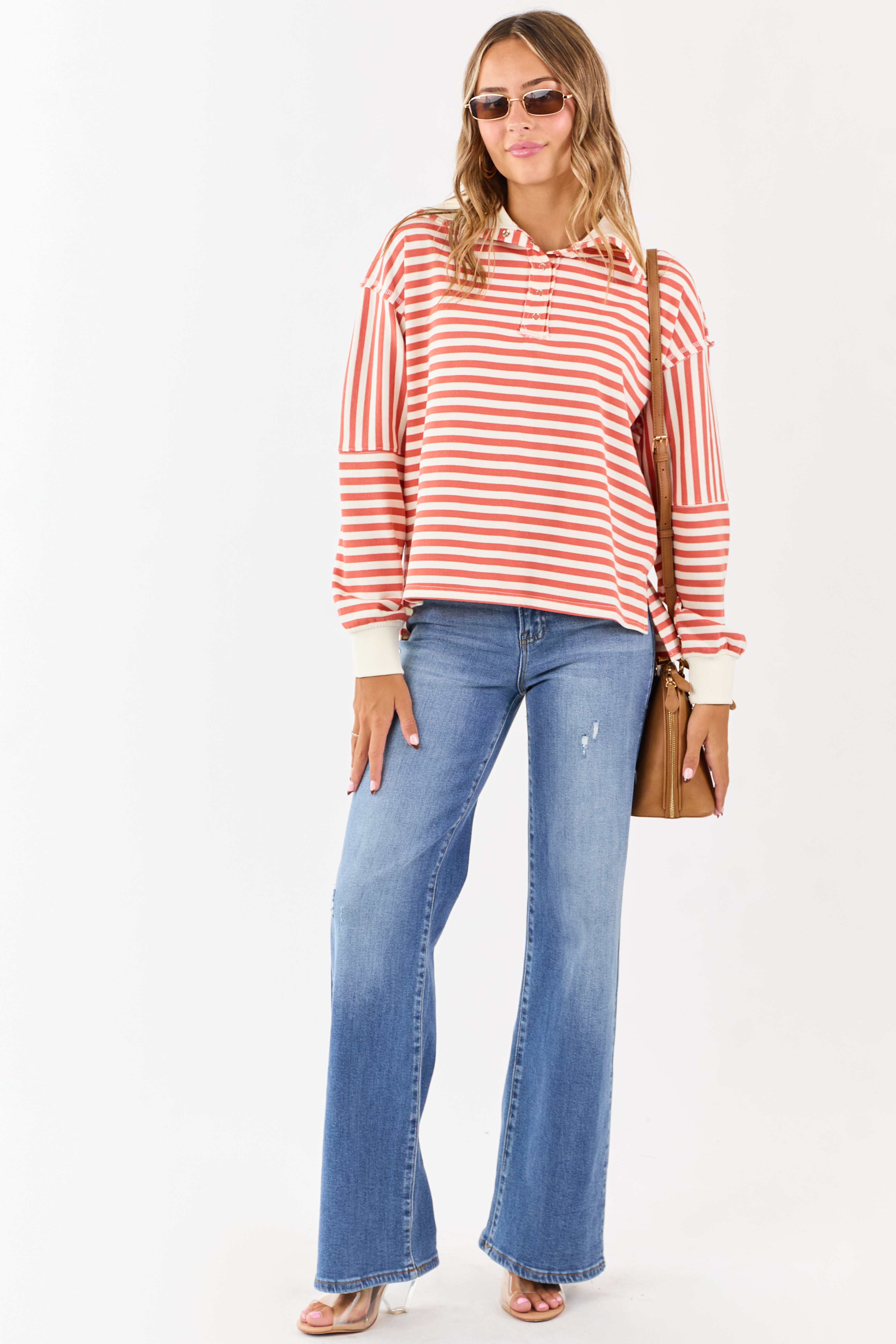 Burnt Orange and Cream Striped Henley Top