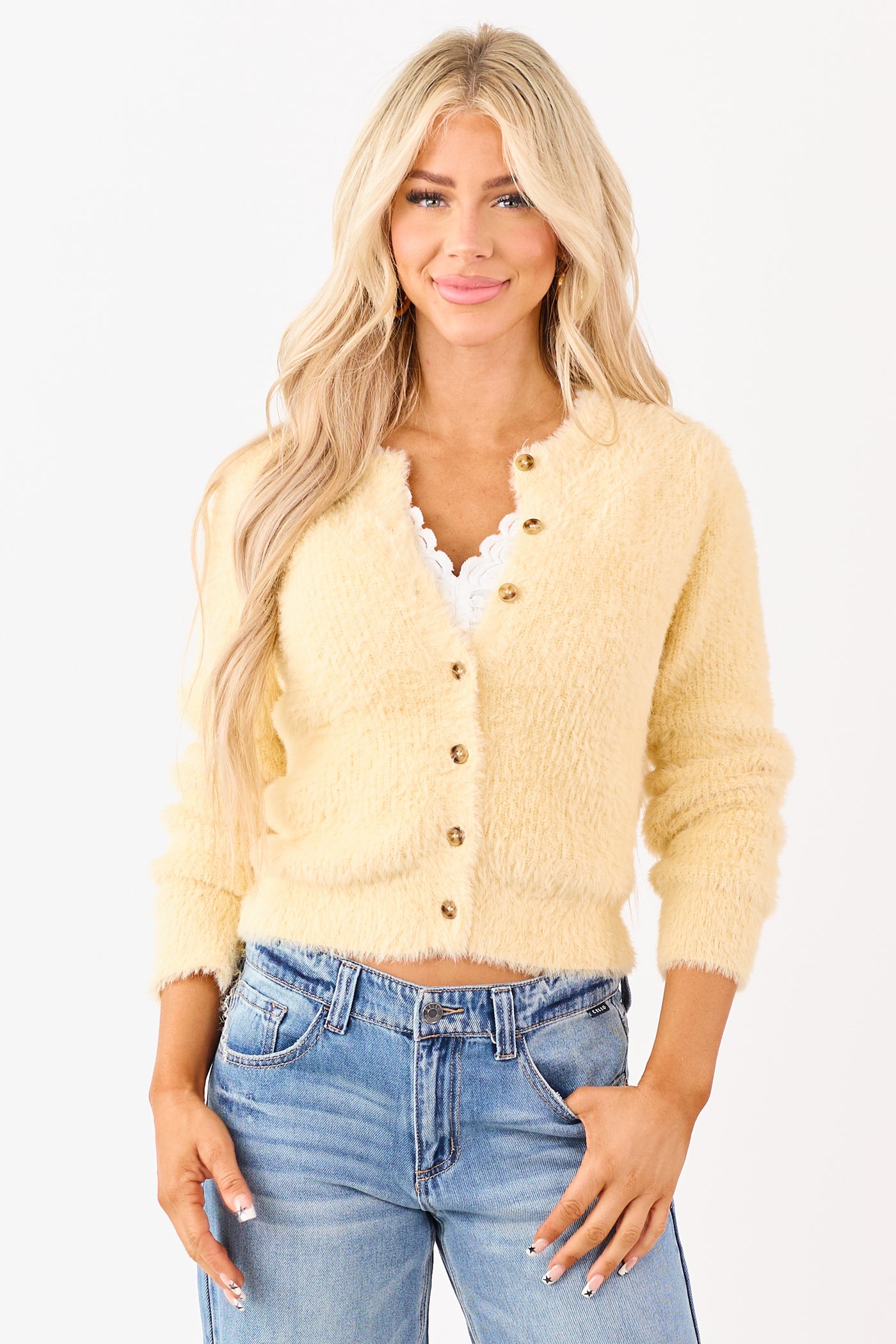 Buttercream Eyelash Knit Button Down Cardigan