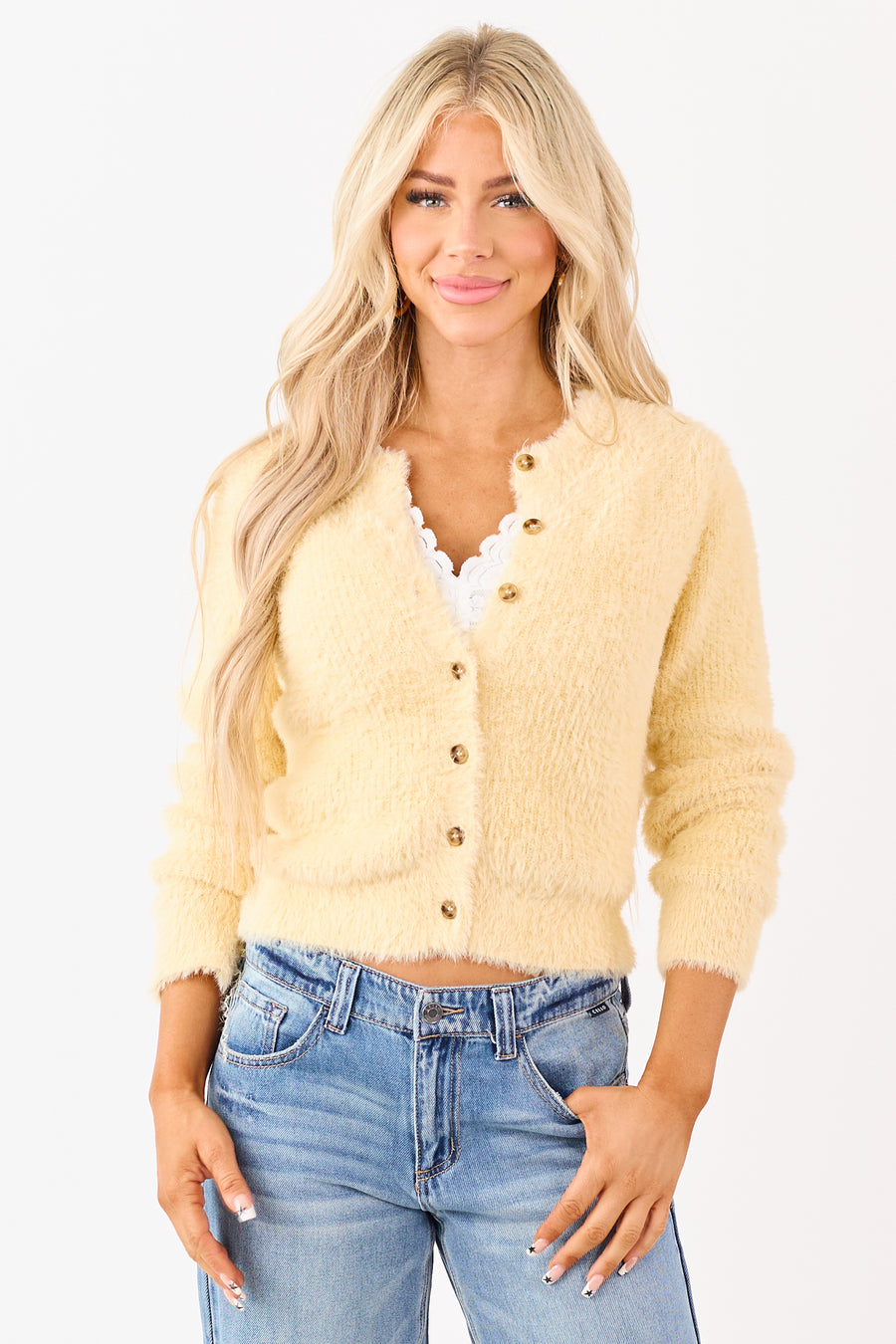 Buttercream Eyelash Knit Button Down Cardigan