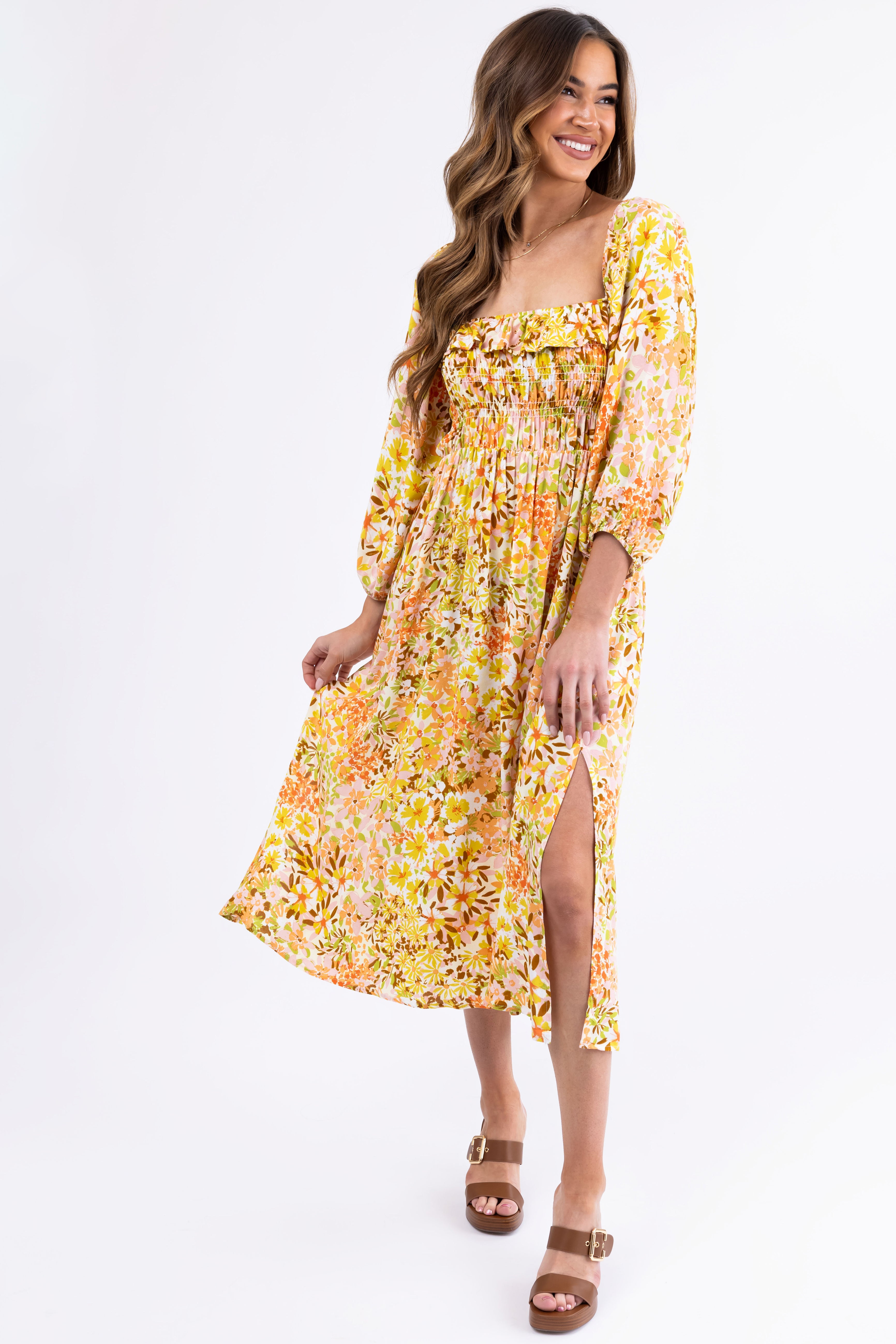Buttercream Floral Print Smocked Midi Dress - S Buttercream Floral Print Smocked Midi Dress - S