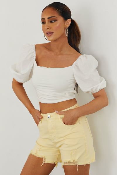 Buttercream High Rise Distressed Frayed Hem Shorts