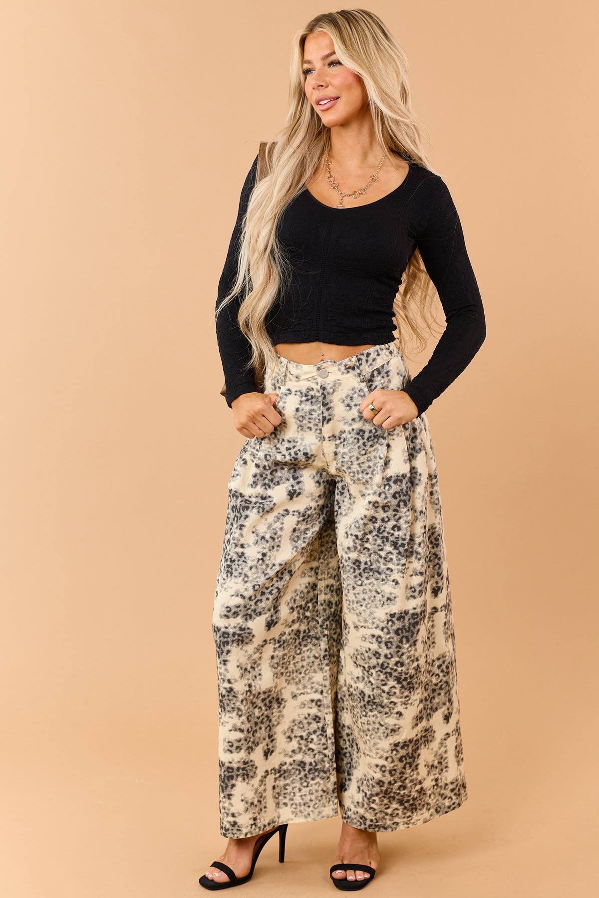 Buttercream Leopard Print Twill Wide Leg Pants