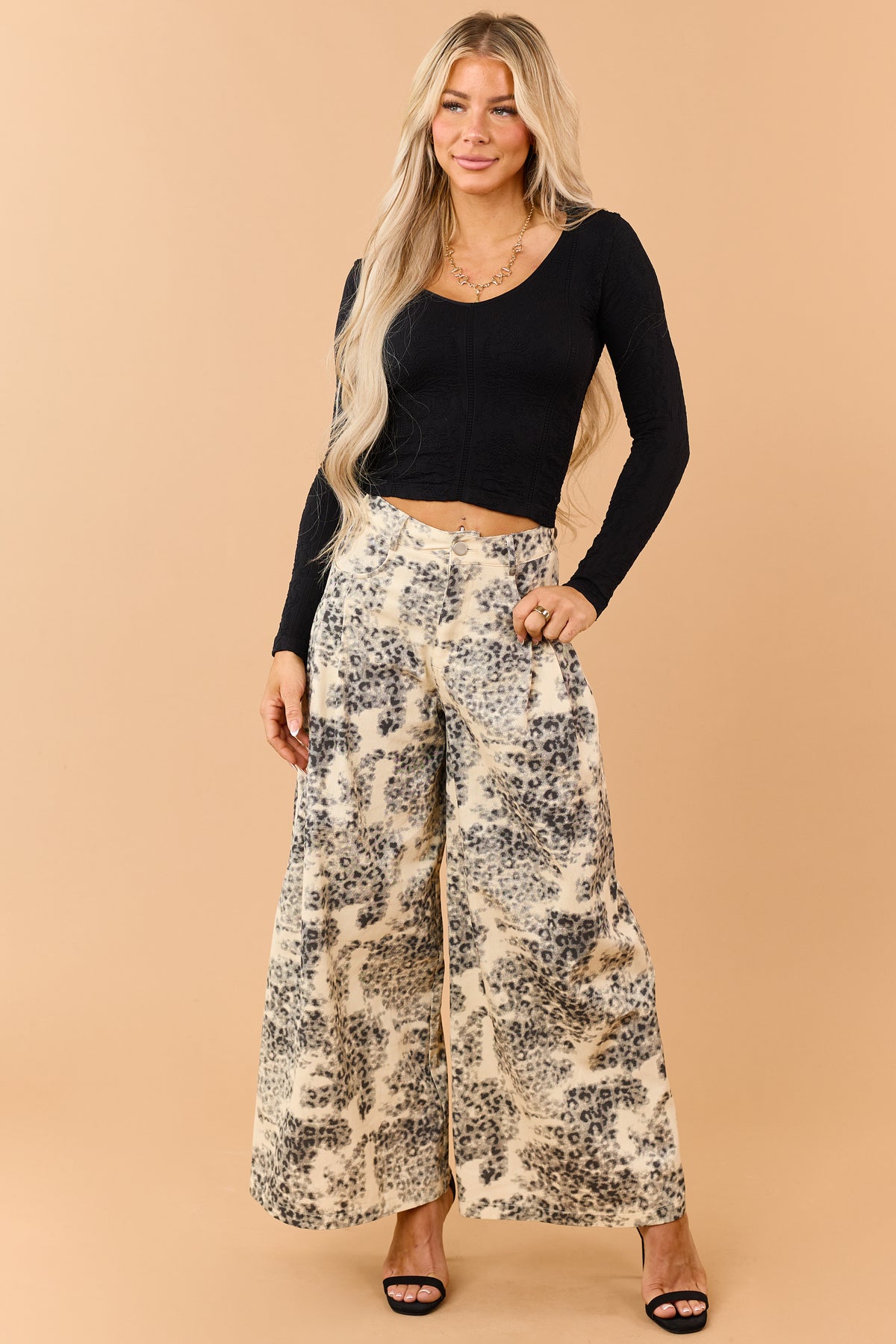 Buttercream Leopard Print Twill Wide Leg Pants