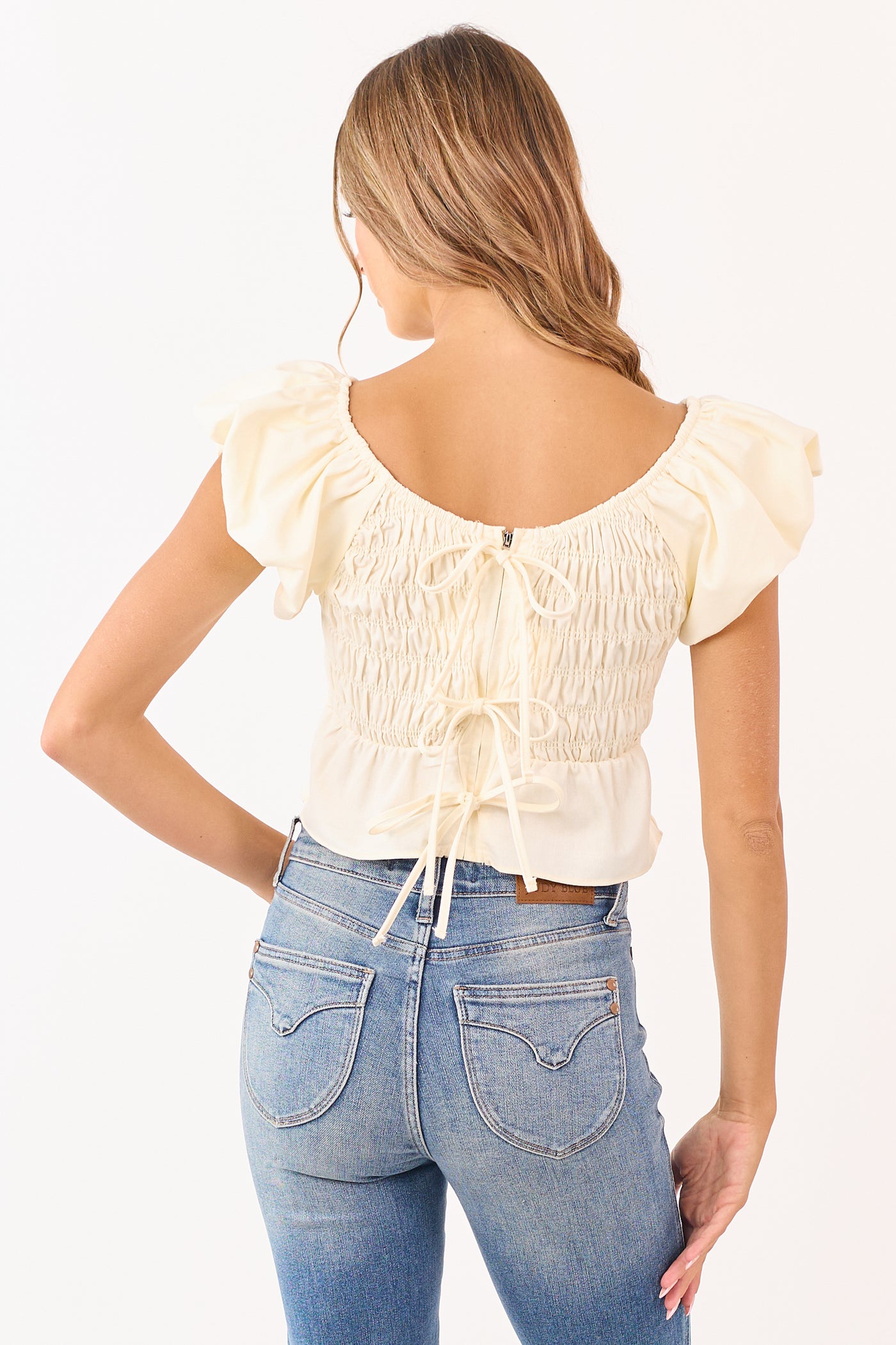 Buttercream Linen Blend Puff Sleeve Smocked Top