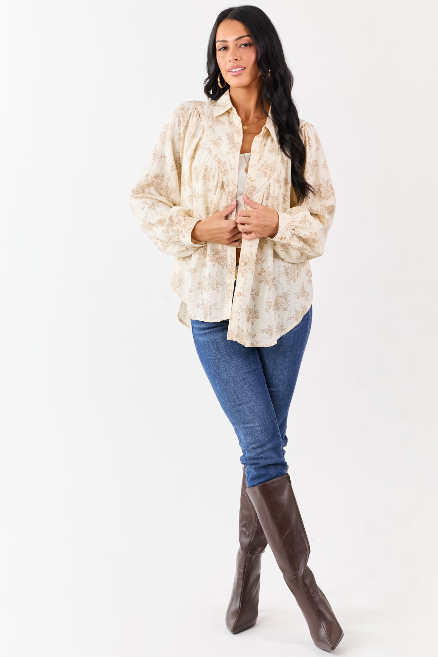 Buttercream Luxe Floral Print Cotton Button Up Top