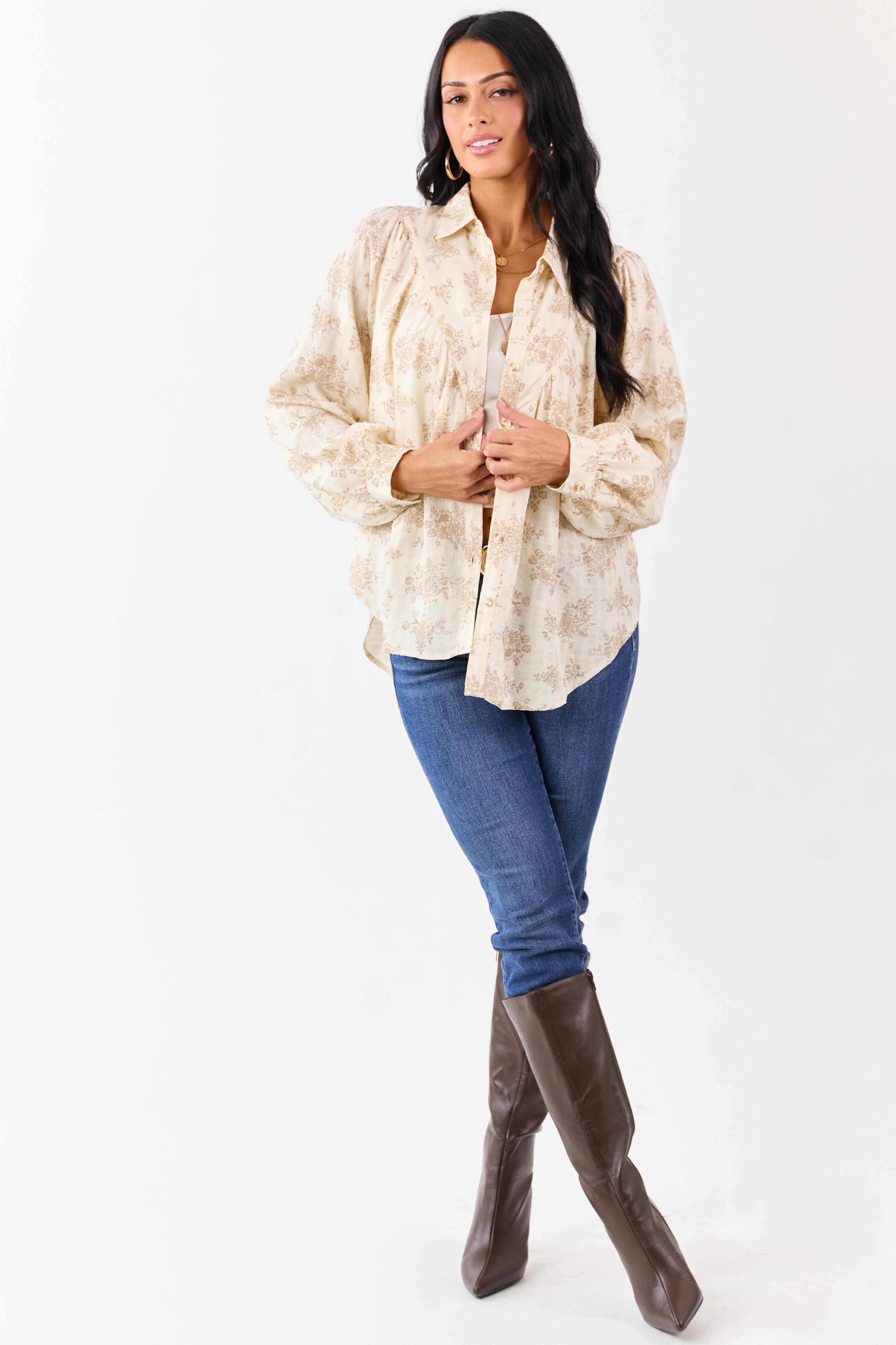 Buttercream Luxe Floral Print Cotton Button Up Top