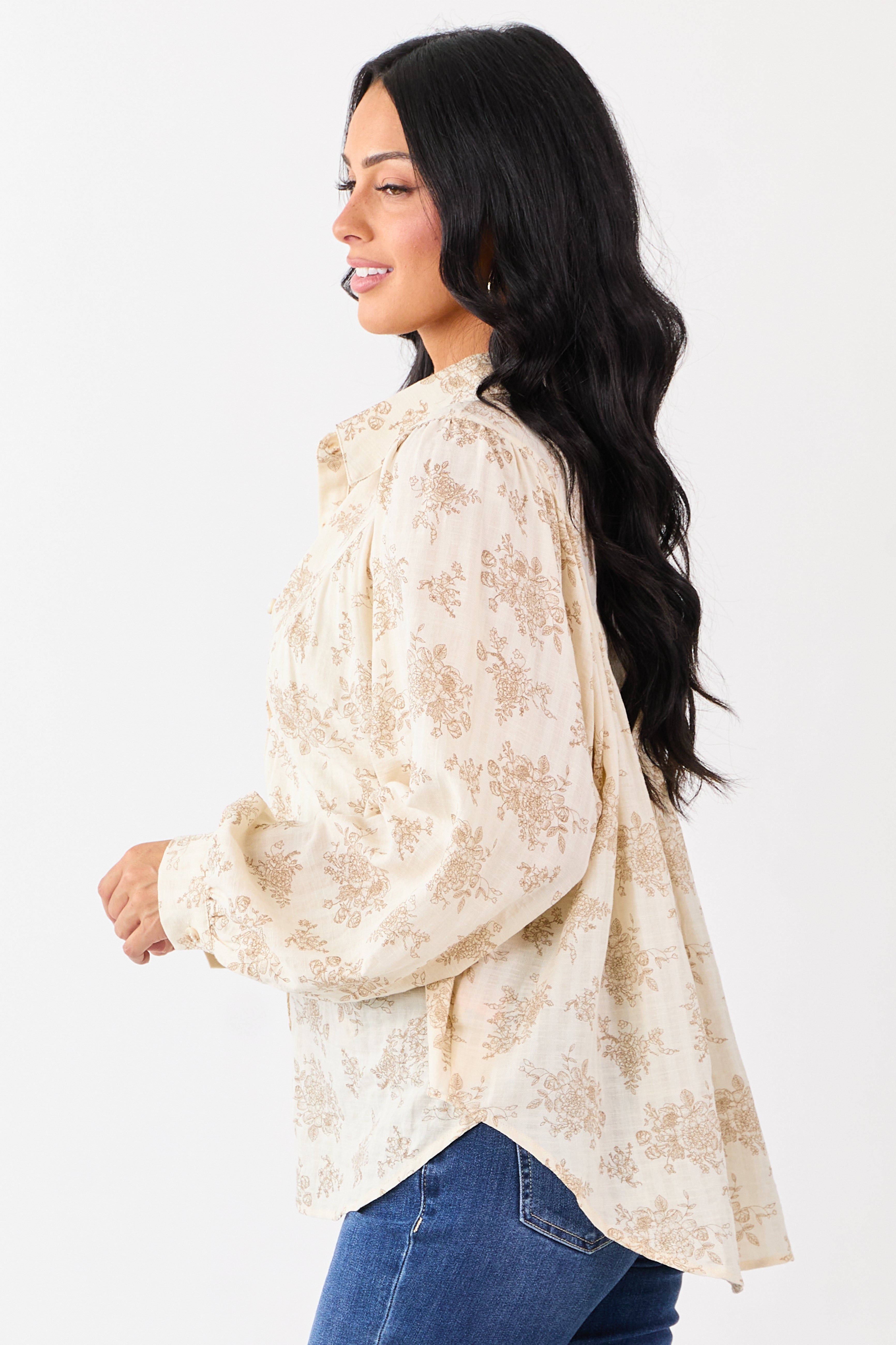 Buttercream Luxe Floral Print Cotton Button Up Top