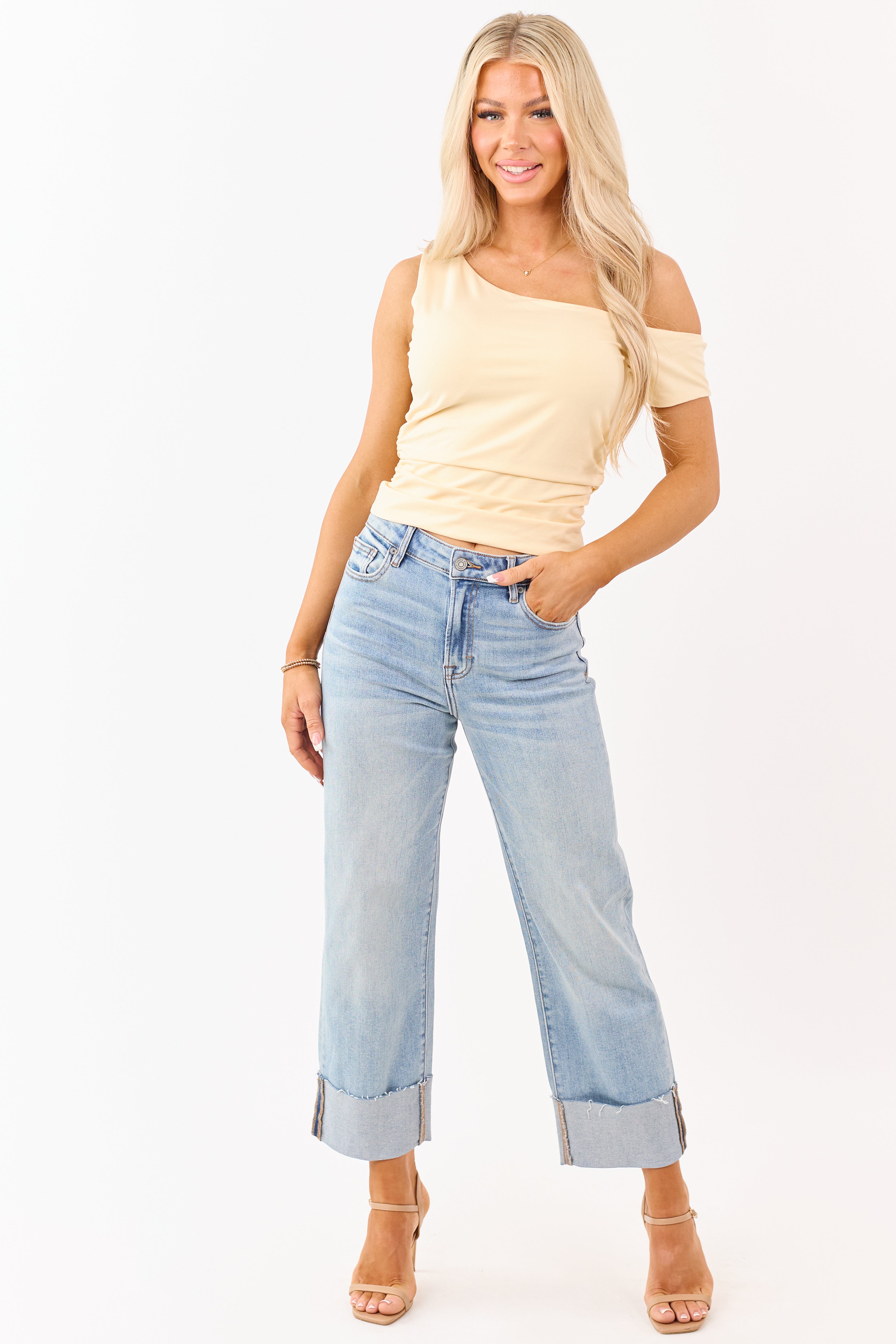 Buttercream One Shoulder Ruched Short Sleeve Top