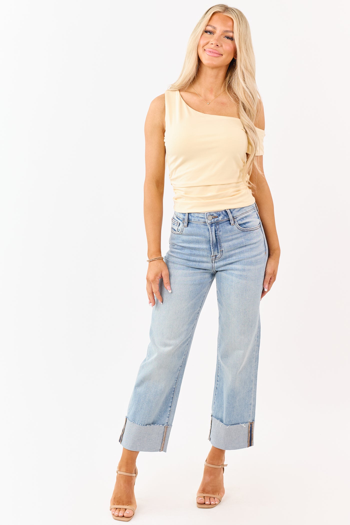 Buttercream One Shoulder Ruched Short Sleeve Top