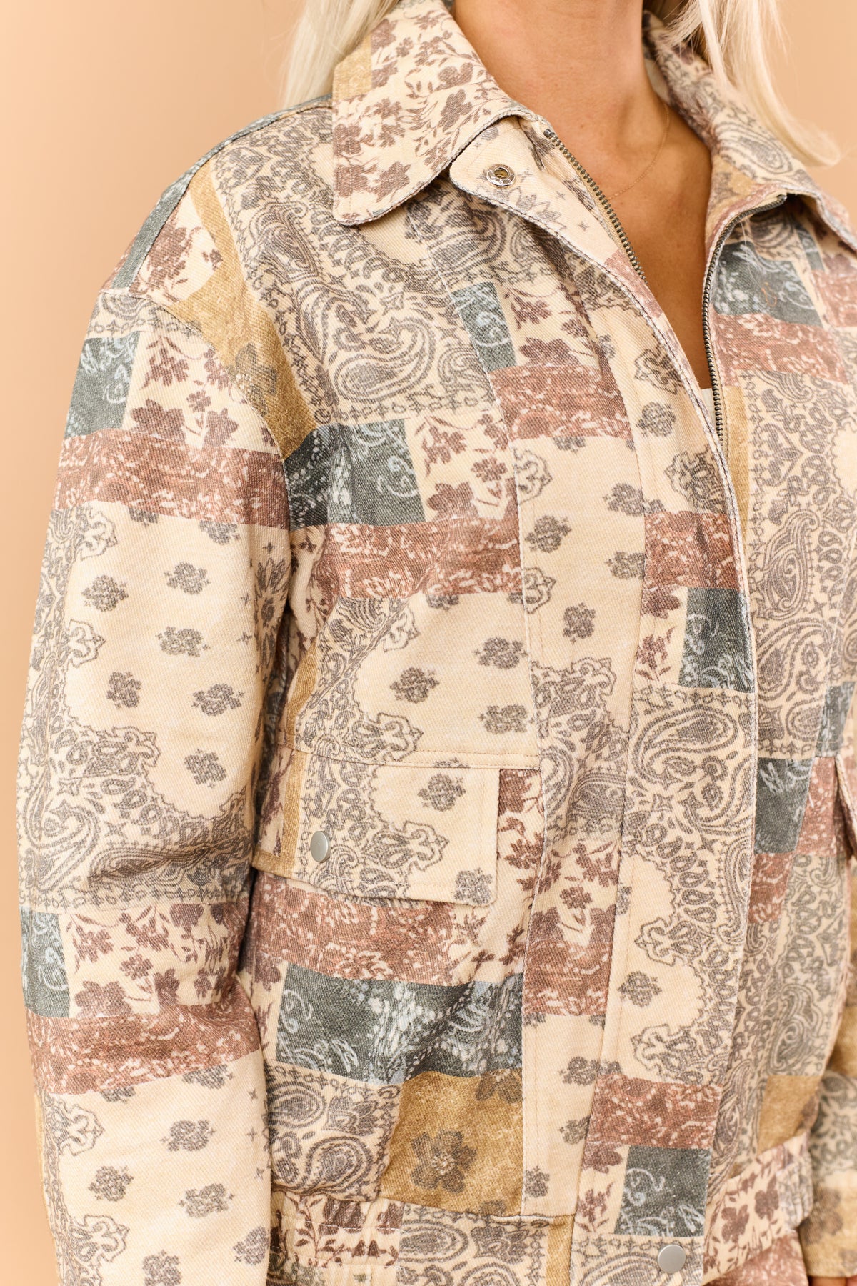 Buttercream Paisley Patchwork Zip Up Denim Jacket
