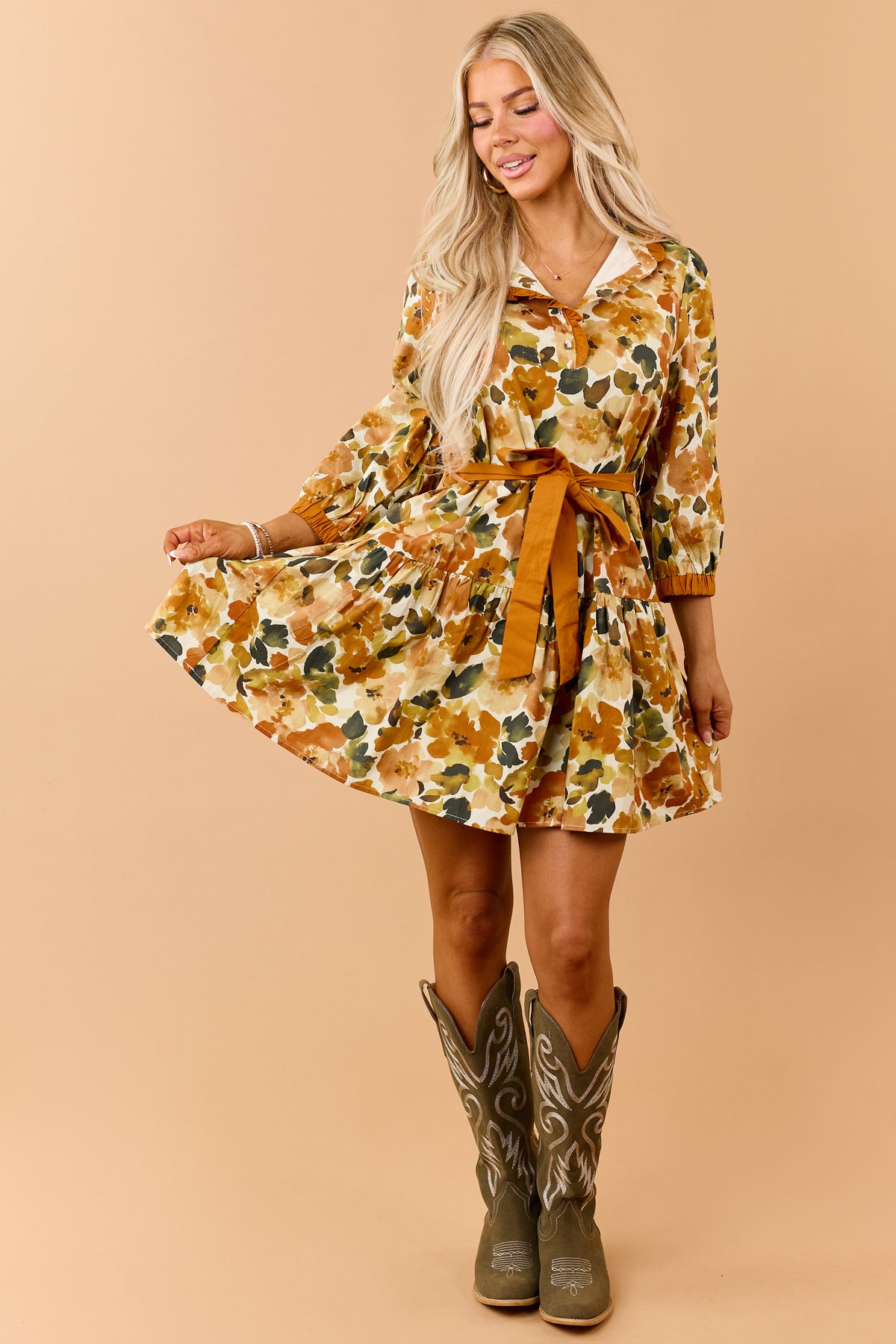 Buttercream Yellow Watercolor Floral Cotton Mini Dress