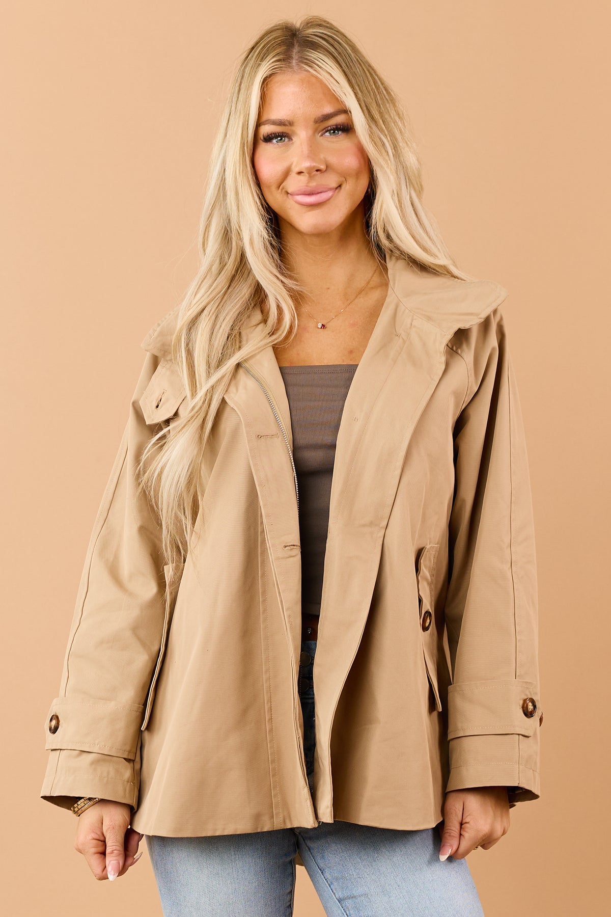 Camel Button Down Zipper Plaid Lining Trench Coat