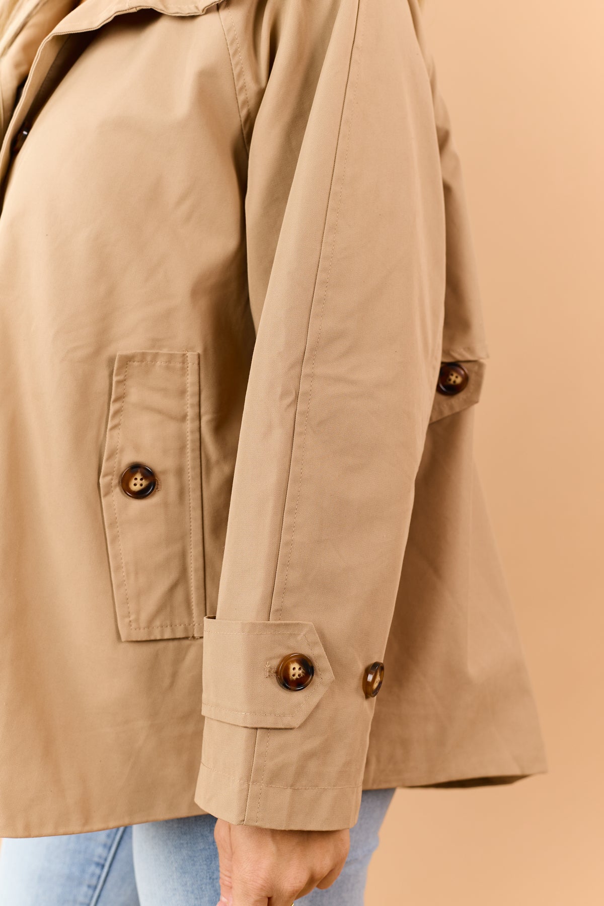 Camel Button Down Zipper Plaid Lining Trench Coat