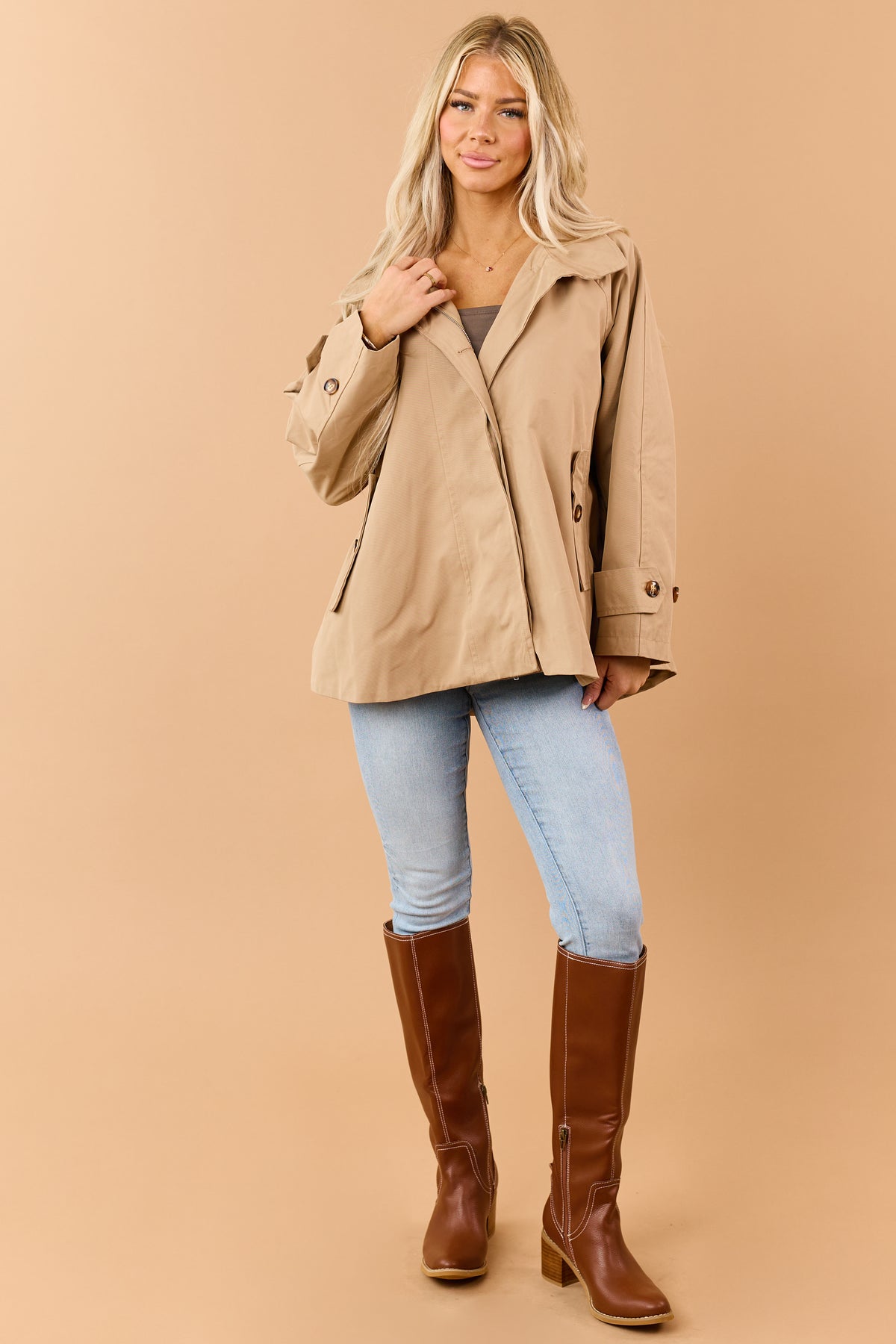 Camel Button Down Zipper Plaid Lining Trench Coat