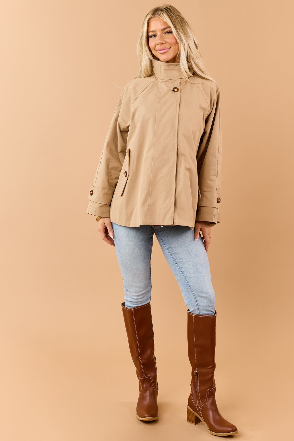 Camel Button Down Zipper Plaid Lining Trench Coat