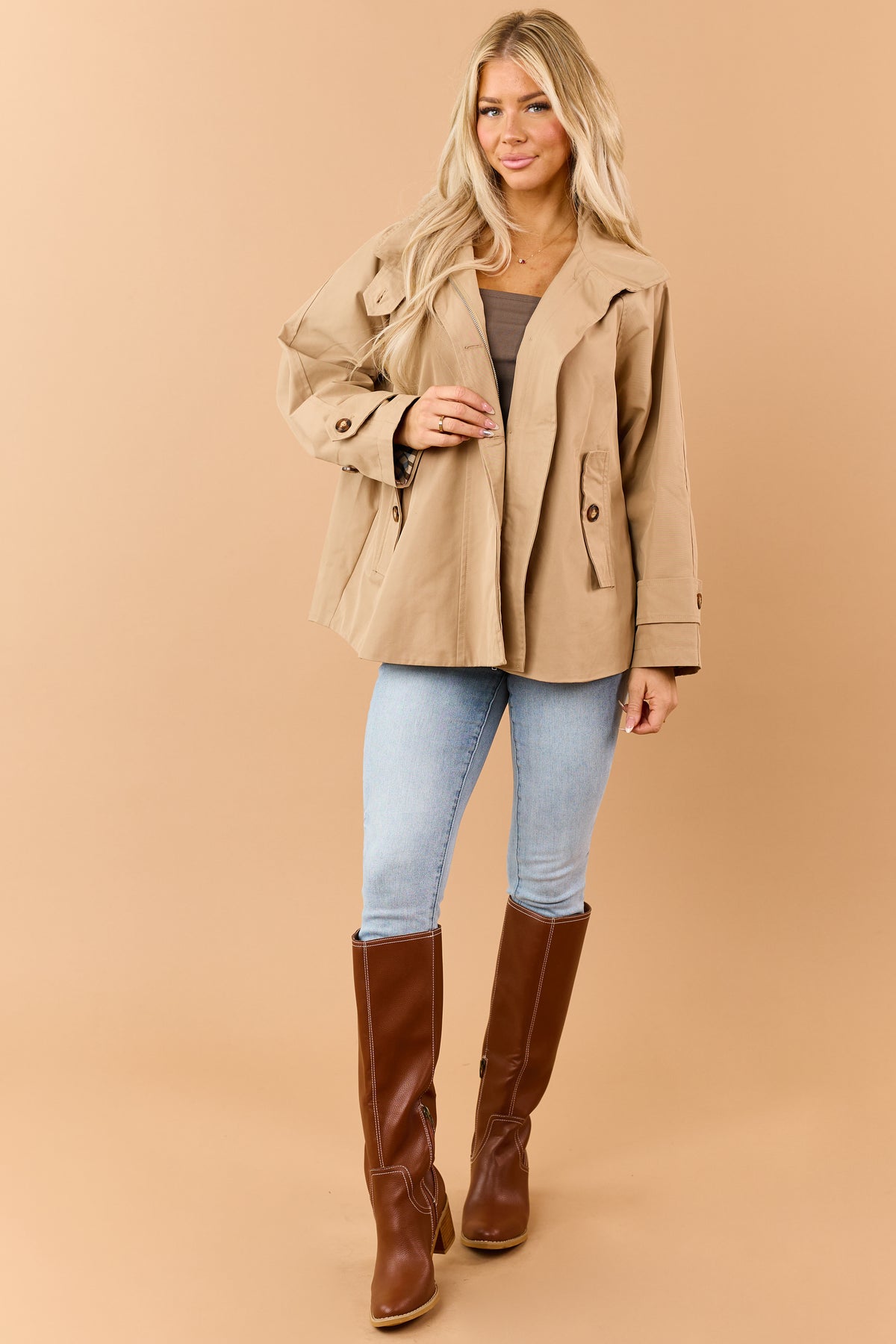 Camel Button Down Zipper Plaid Lining Trench Coat