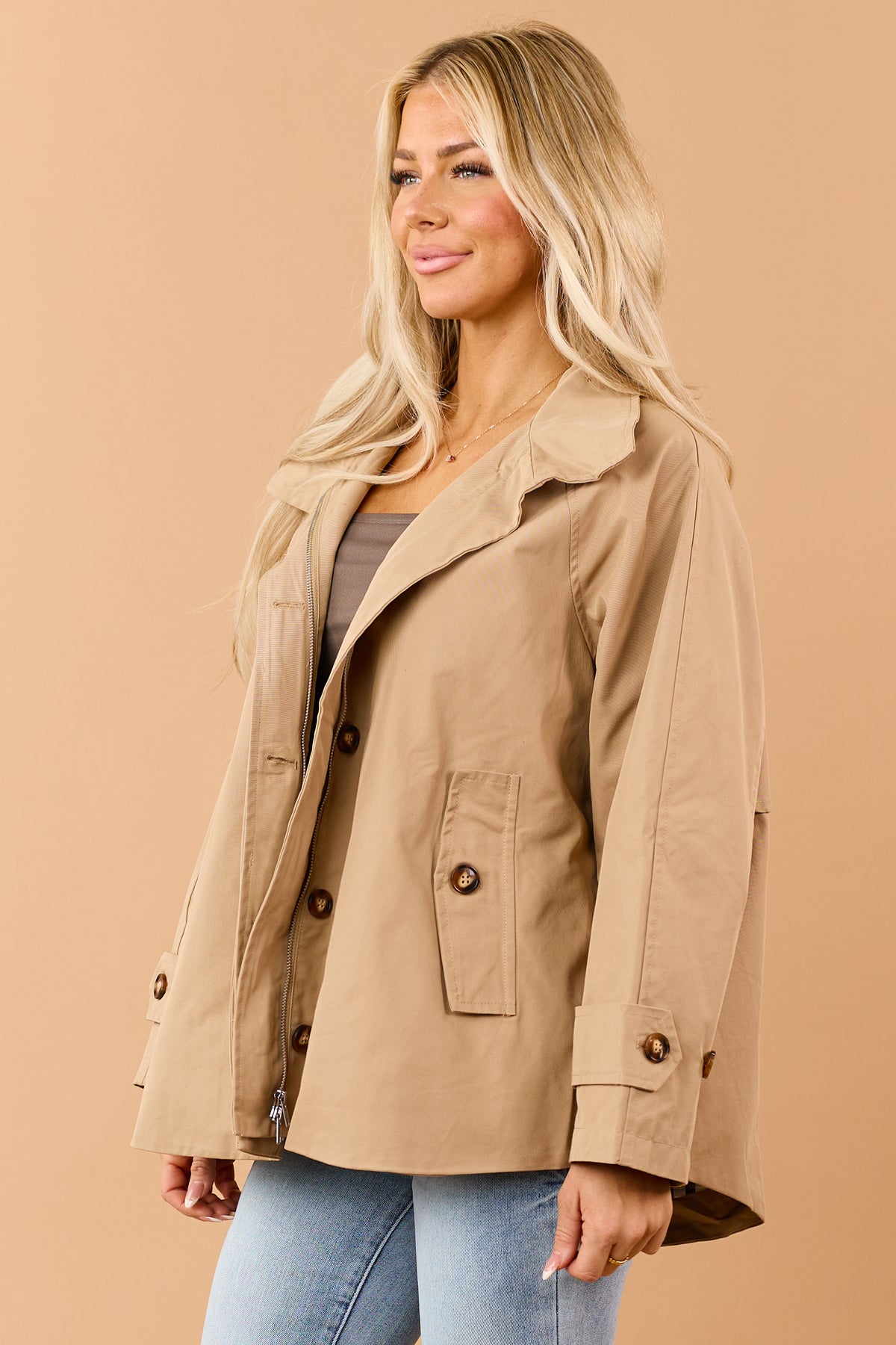 Camel Button Down Zipper Plaid Lining Trench Coat