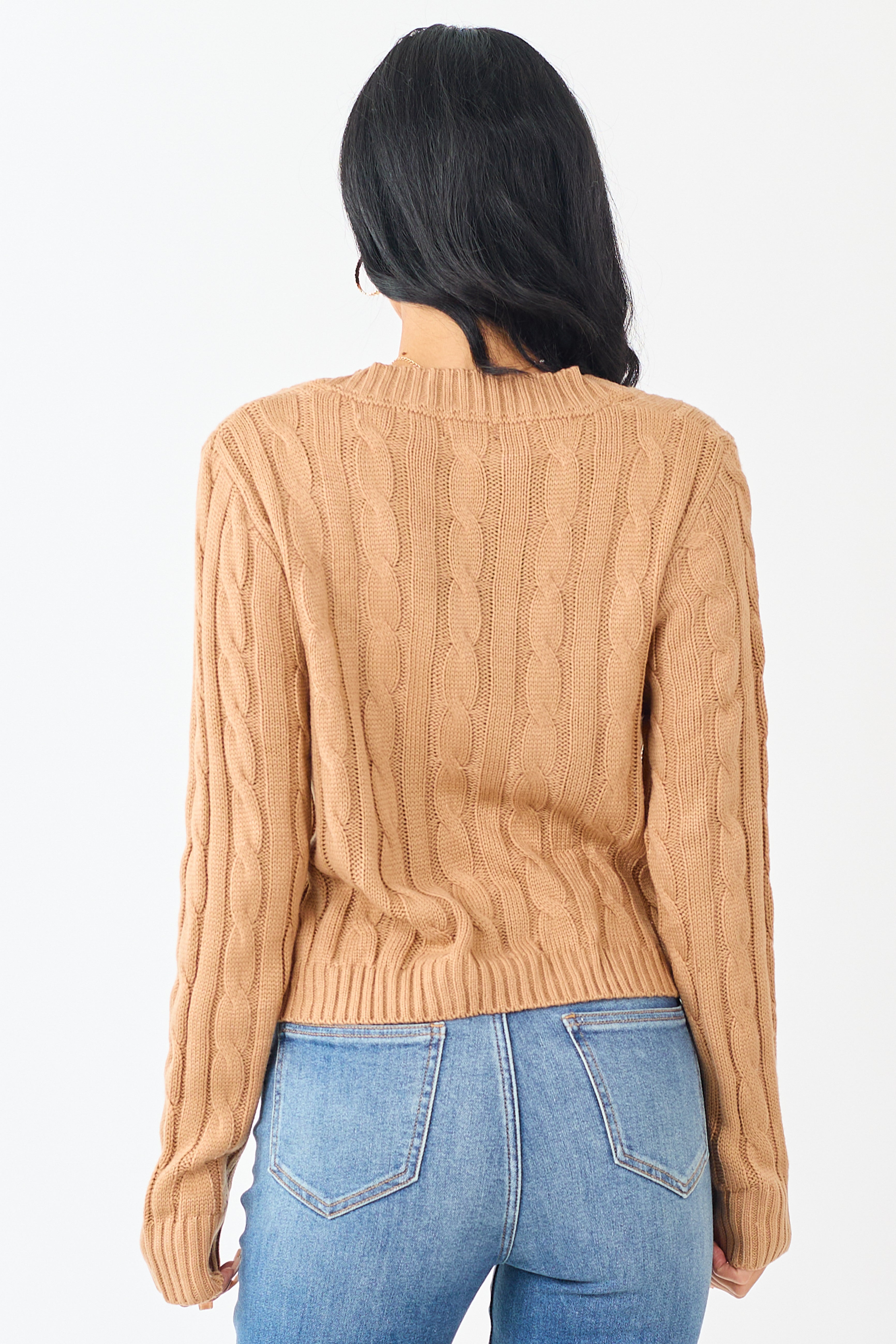 Camel Cable Knit Button Up Mid Length Cardigan