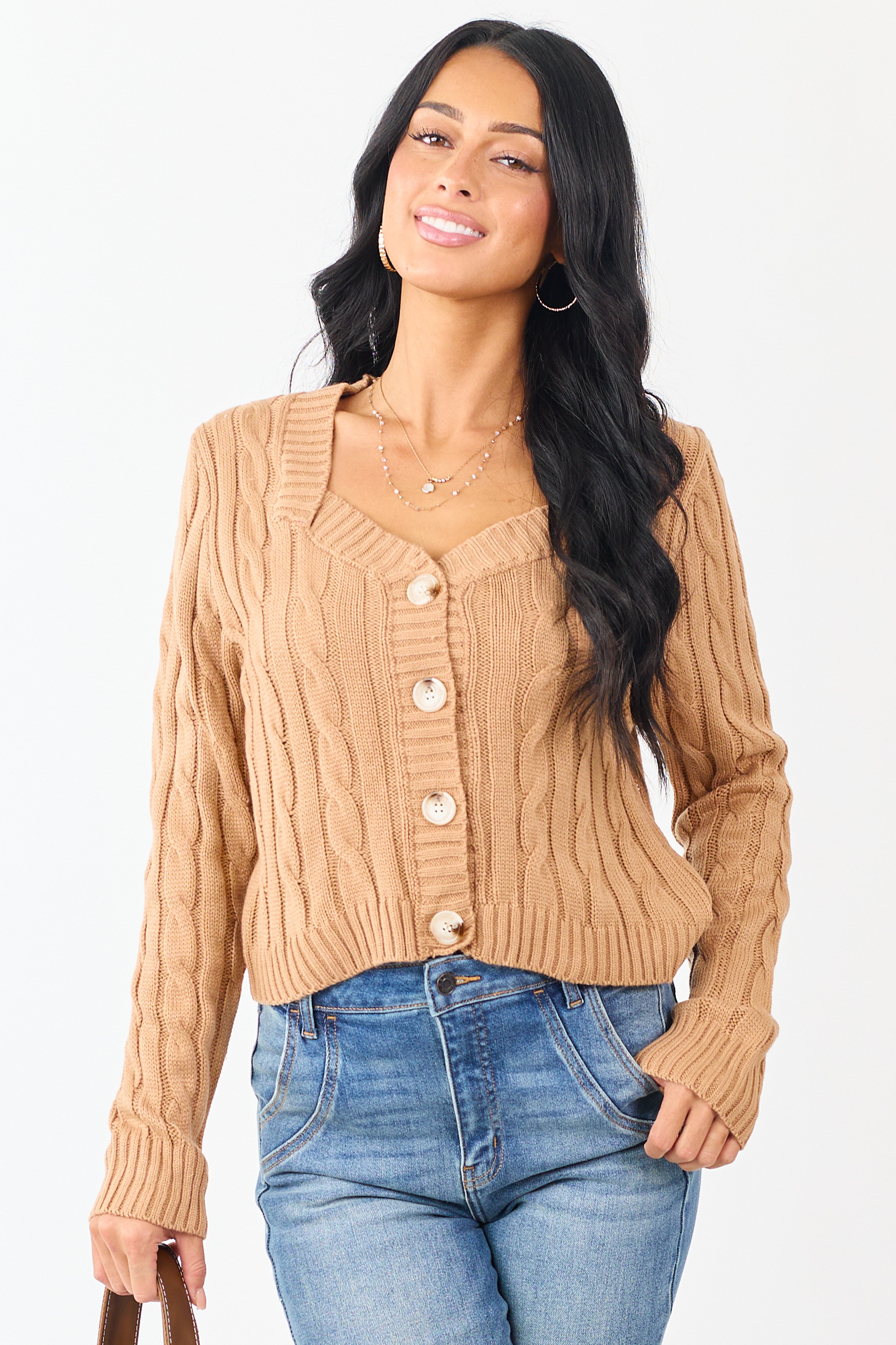 Camel Cable Knit Button Up Mid Length Cardigan | Lime Lush Boutique