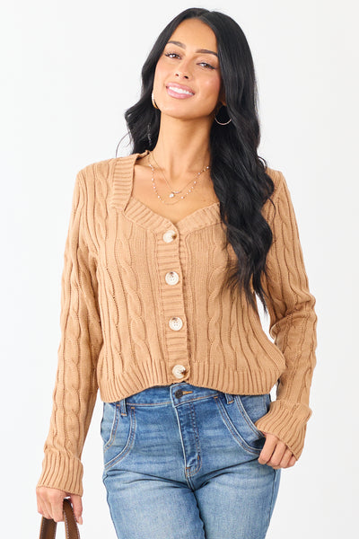 Camel Cable Knit Button Up Mid Length Cardigan | Lime Lush Boutique