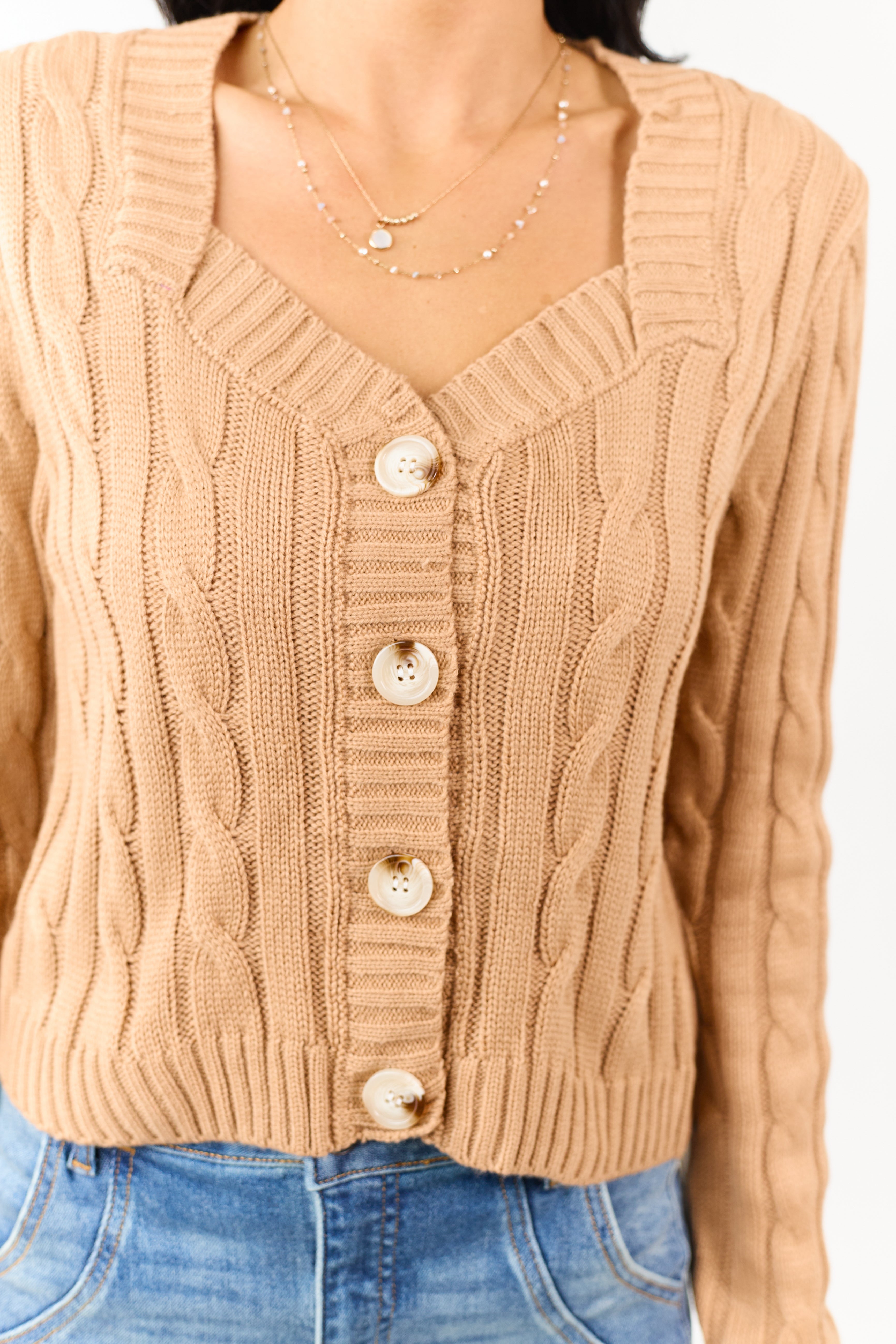 Camel Cable Knit Button Up Mid Length Cardigan | Lime Lush Boutique