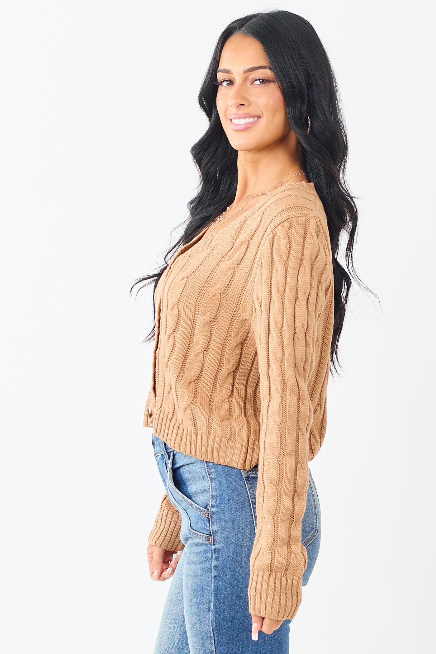 Camel Cable Knit Button Up Mid Length Cardigan