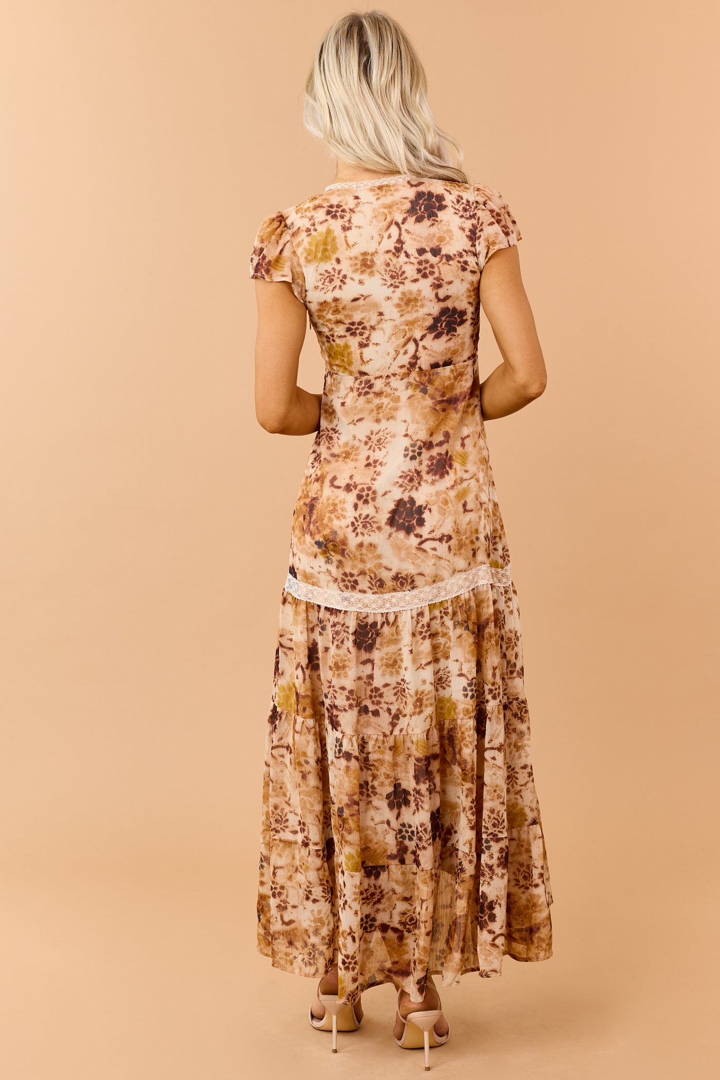 Camel Chiffon Floral Print Lace Trim Maxi Dress