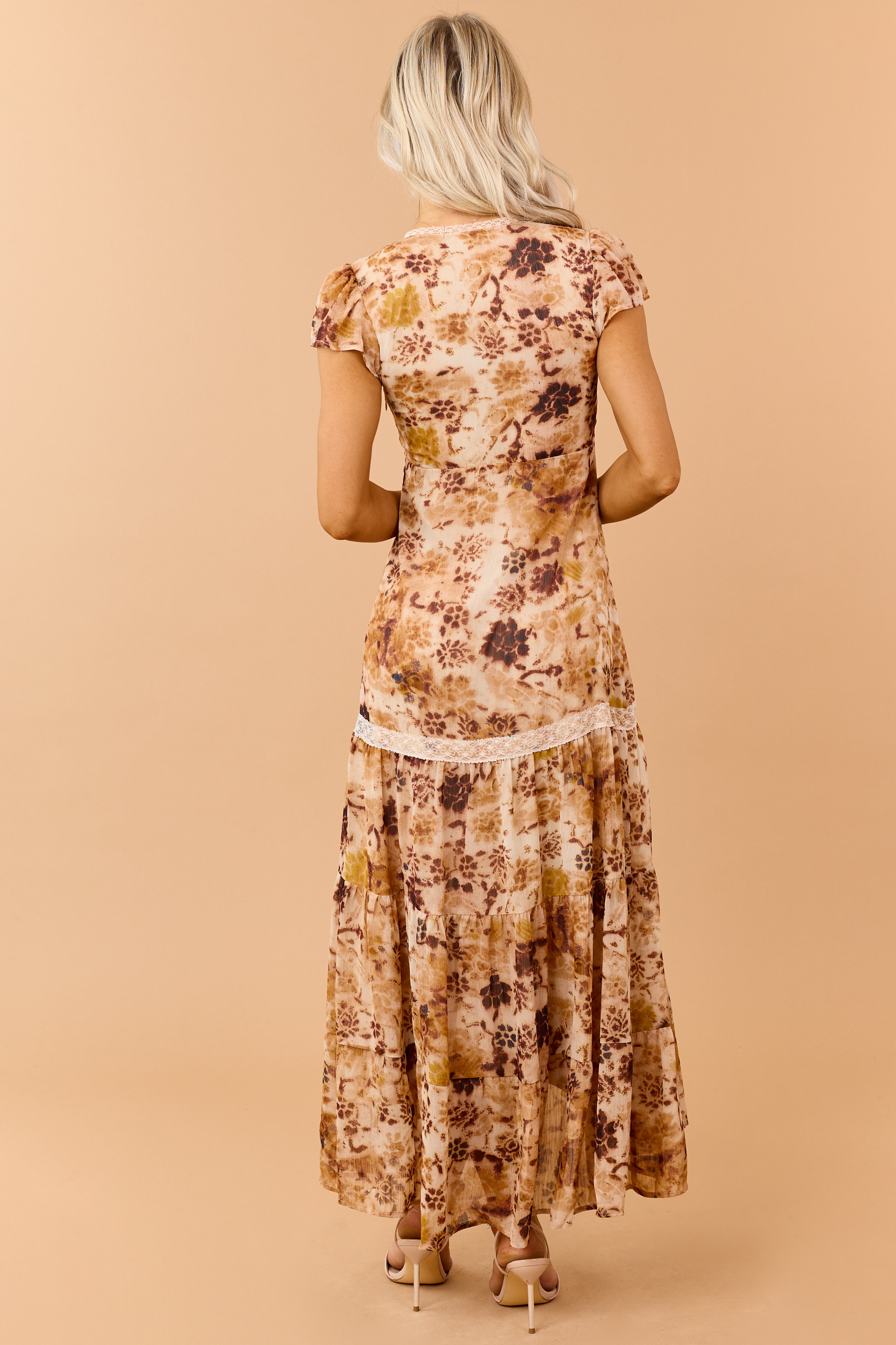 Camel Chiffon Floral Print Lace Trim Maxi Dress