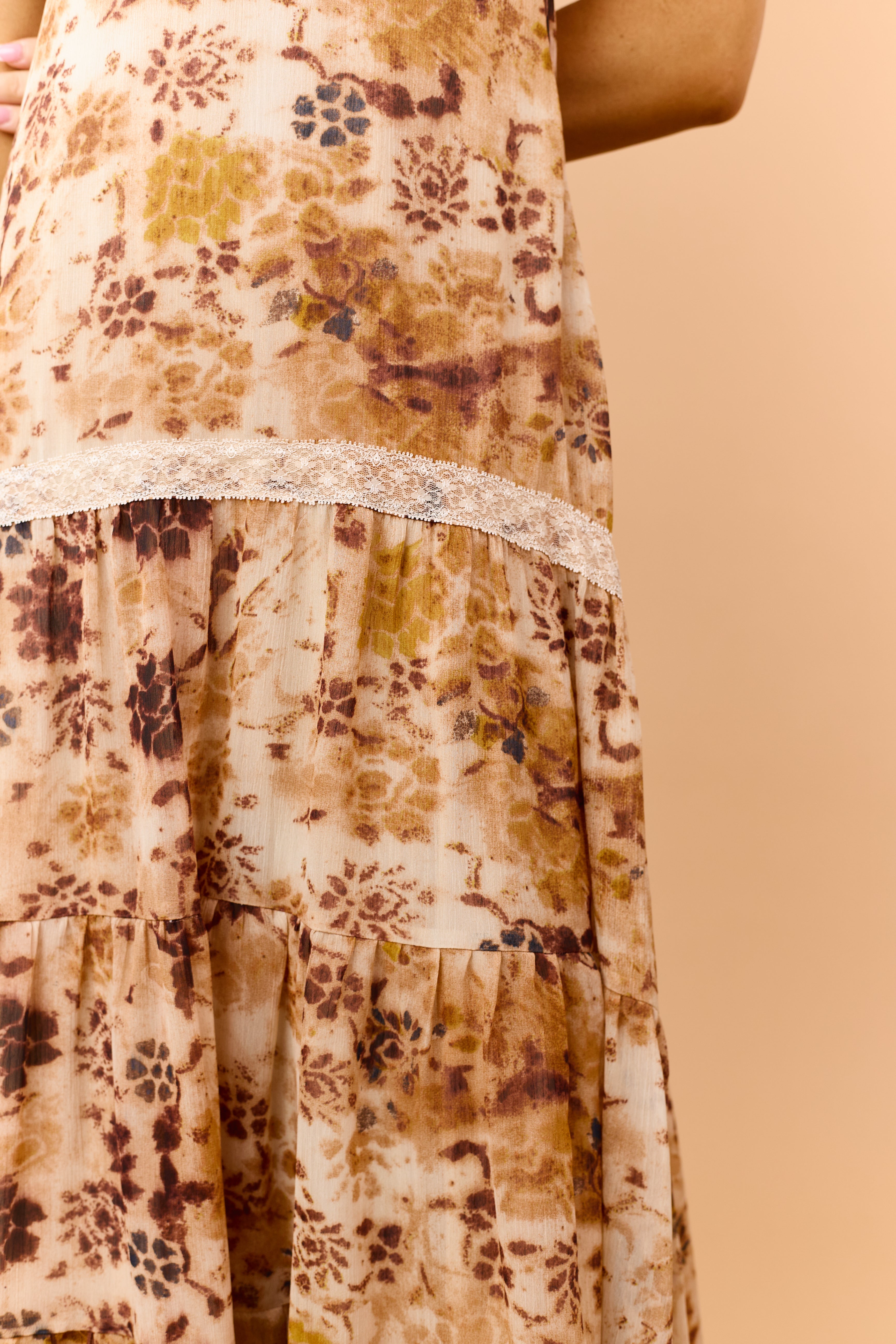 Camel Chiffon Floral Print Lace Trim Maxi Dress