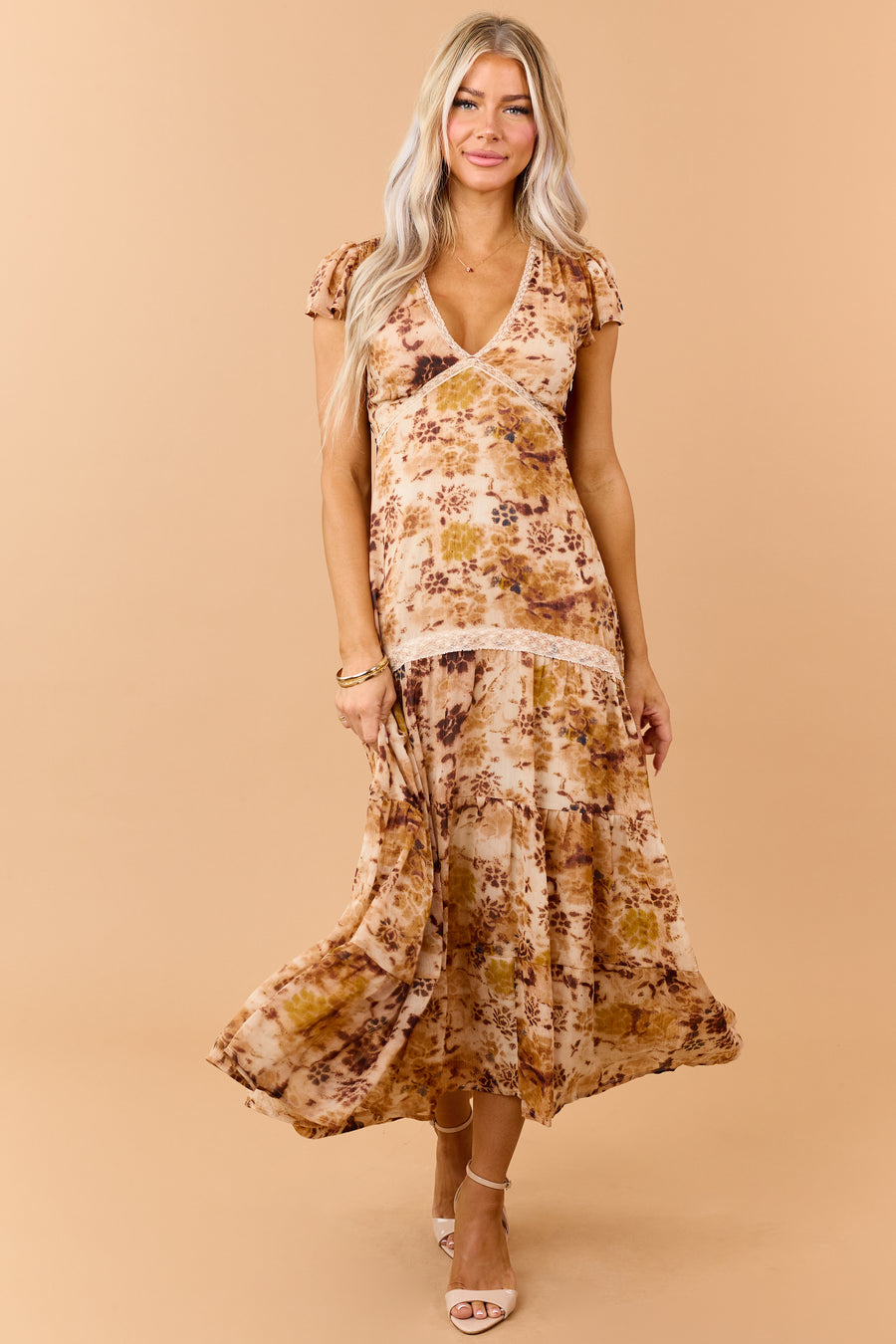 Camel Chiffon Floral Print Lace Trim Maxi Dress