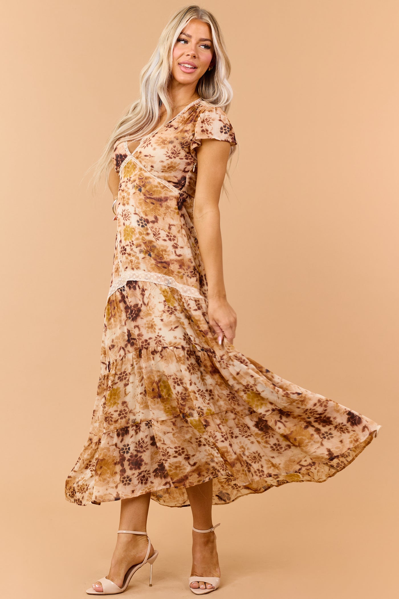 Camel Chiffon Floral Print Lace Trim Maxi Dress