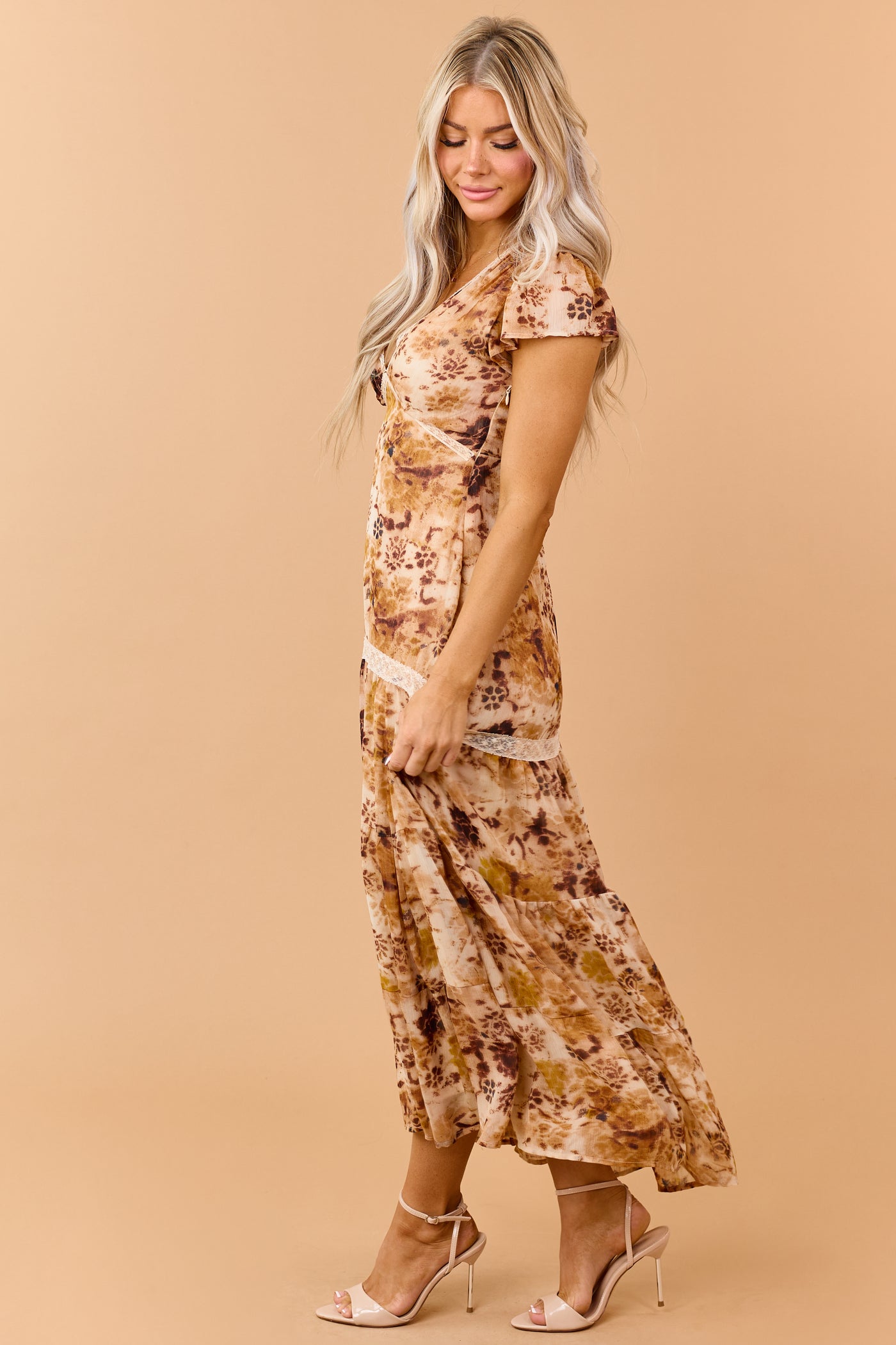 Camel Chiffon Floral Print Lace Trim Maxi Dress