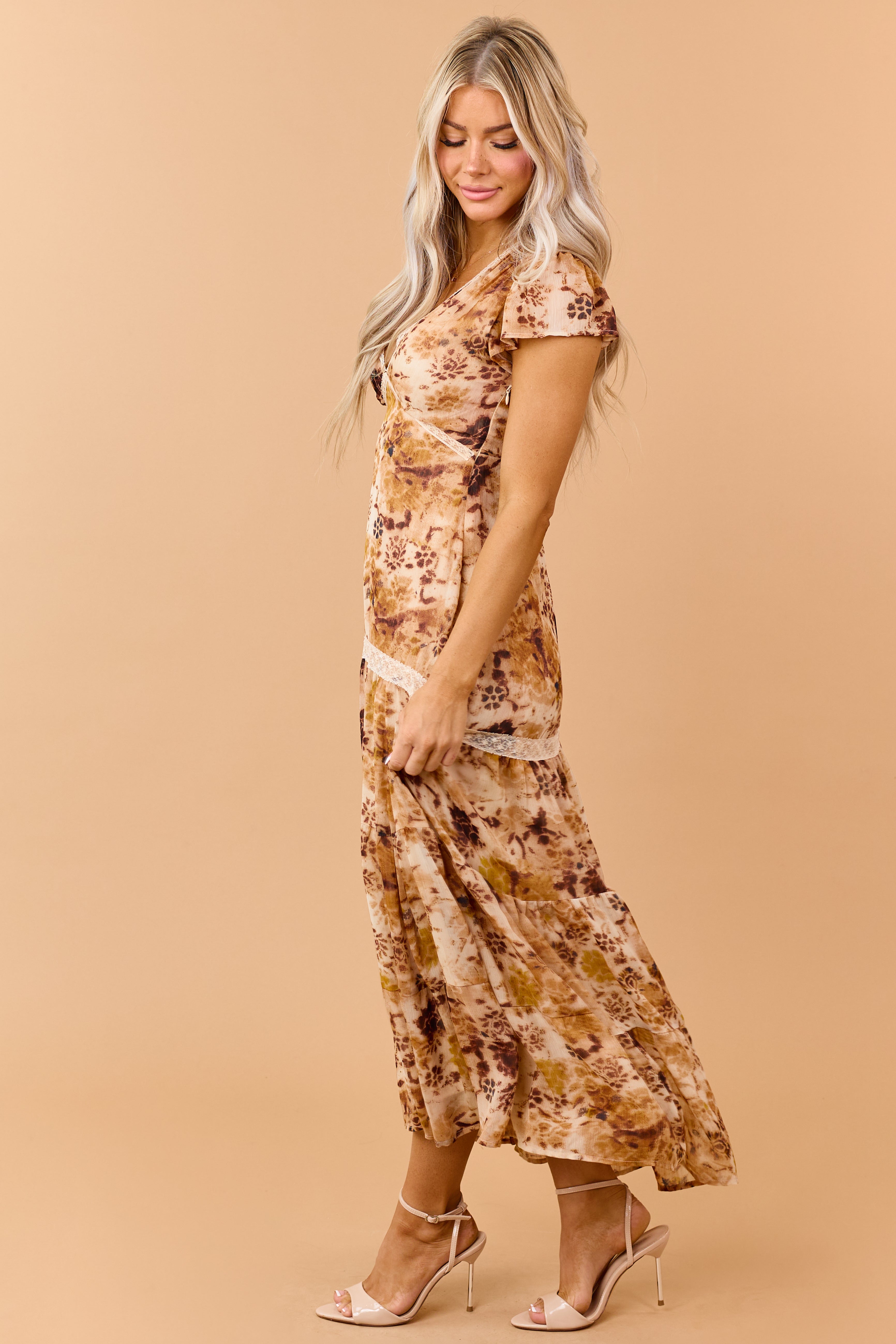 Camel Chiffon Floral Print Lace Trim Maxi Dress