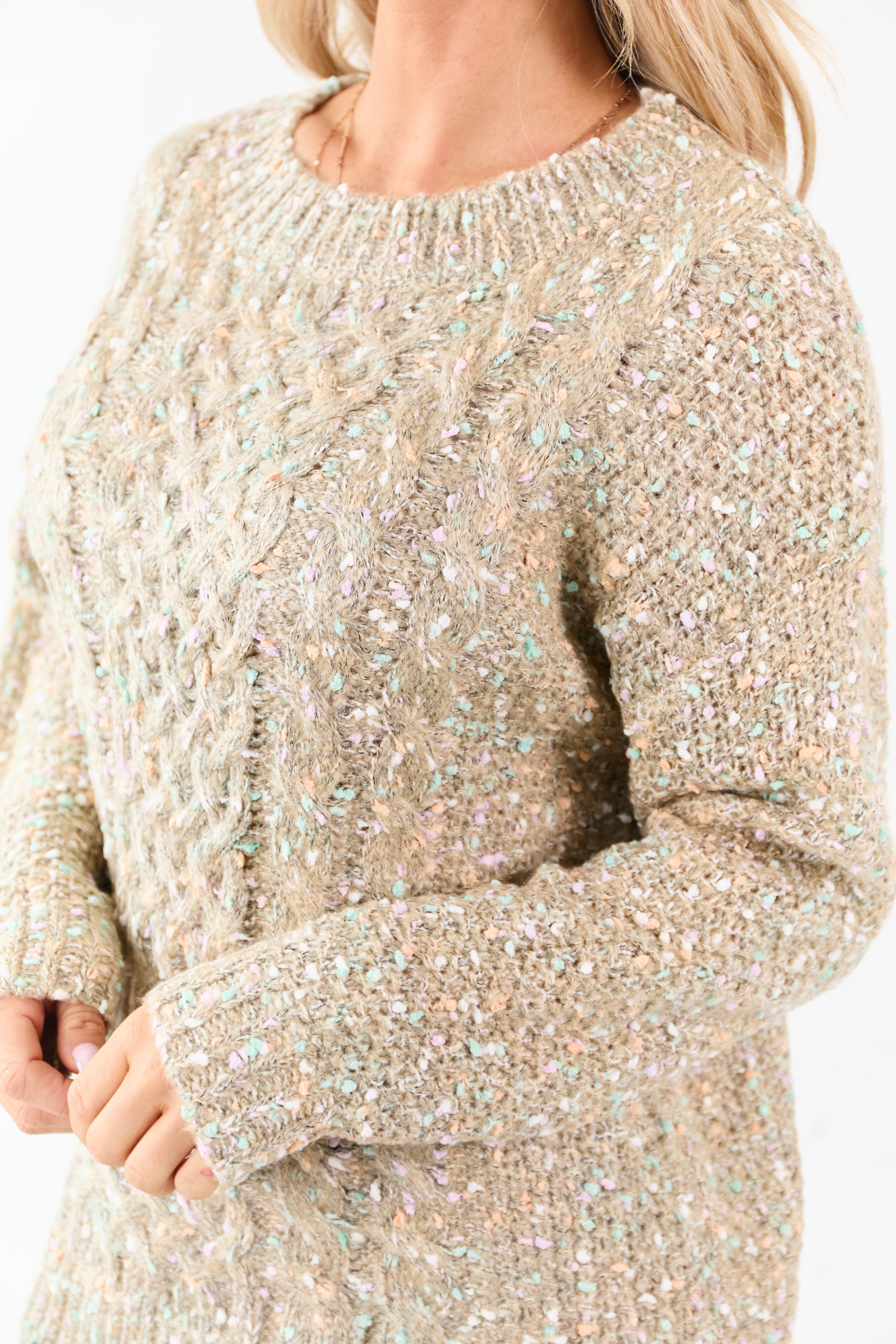 Camel Confetti Cable Knit Long Sleeve Sweater