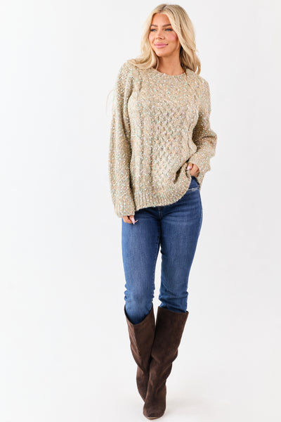 Camel Confetti Cable Knit Long Sleeve Sweater