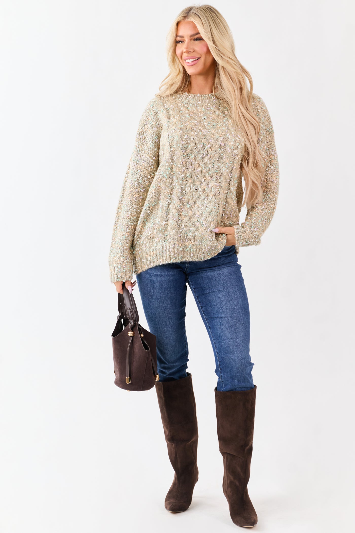 Camel Confetti Cable Knit Long Sleeve Sweater