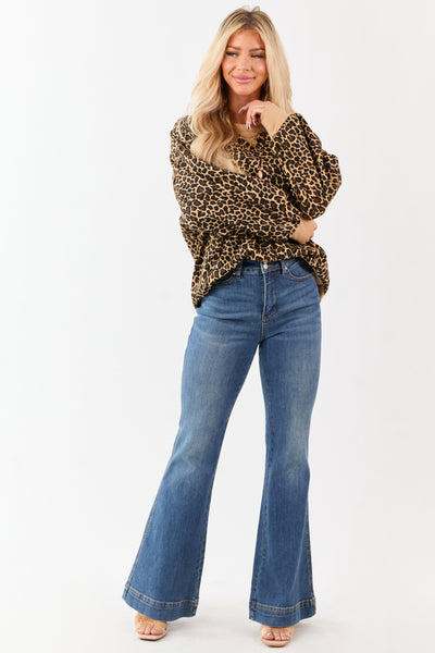 Camel Cotton Leopard Print Crew Neck Sweatshirt