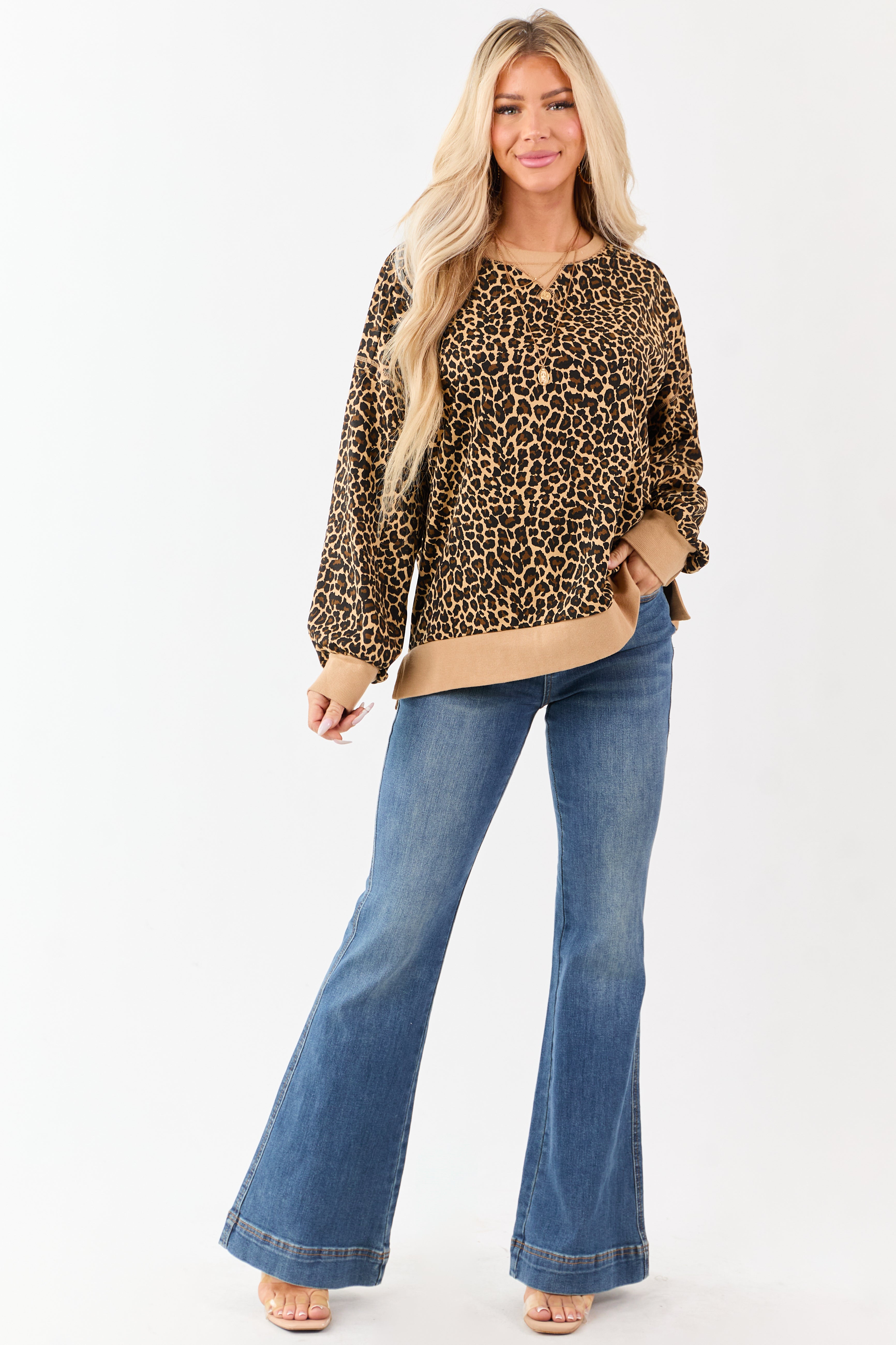 Camel Cotton Leopard Print Crew Neck Sweatshirt
