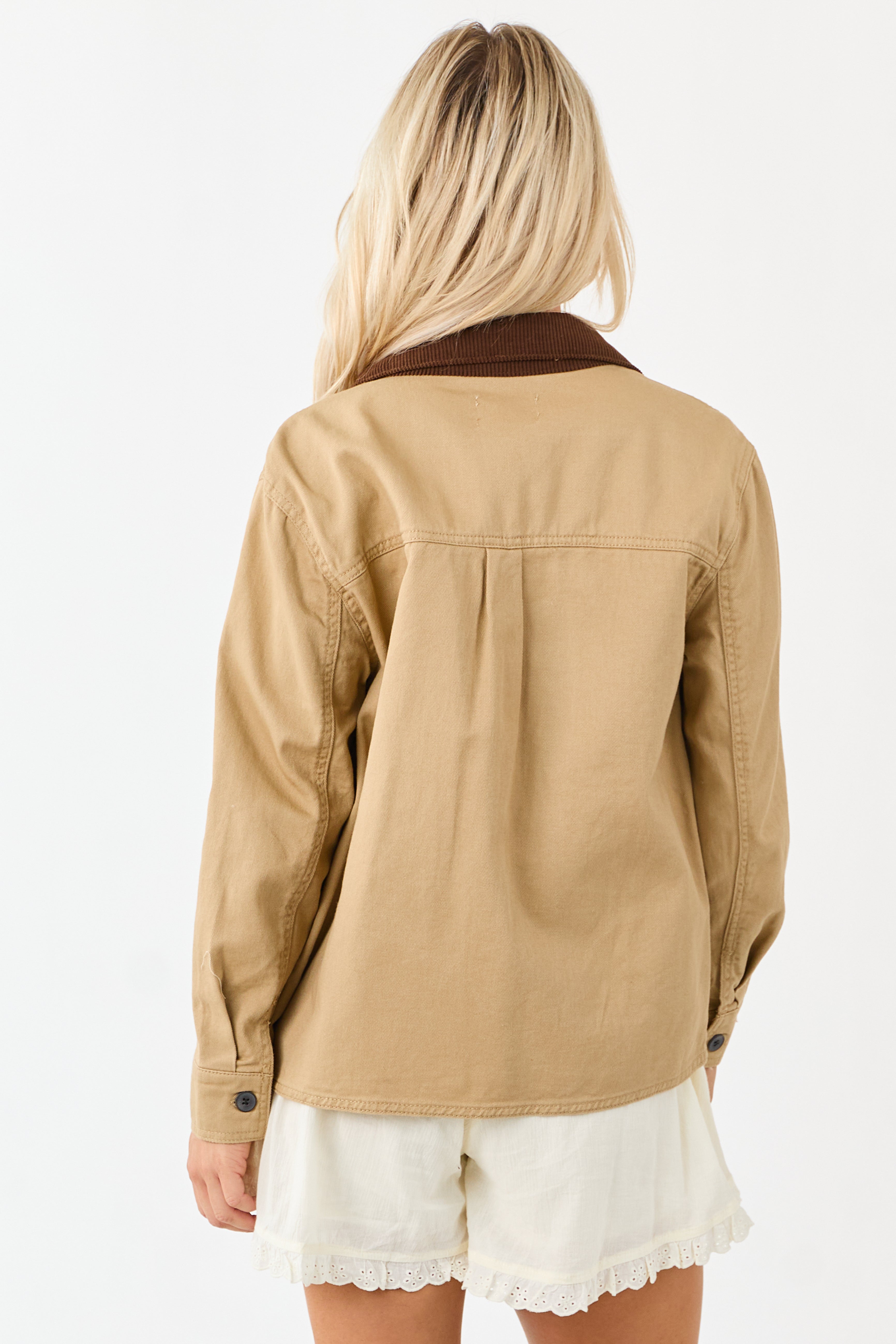 Camel Denim Contrast Corduroy Collar Button Up Jacket