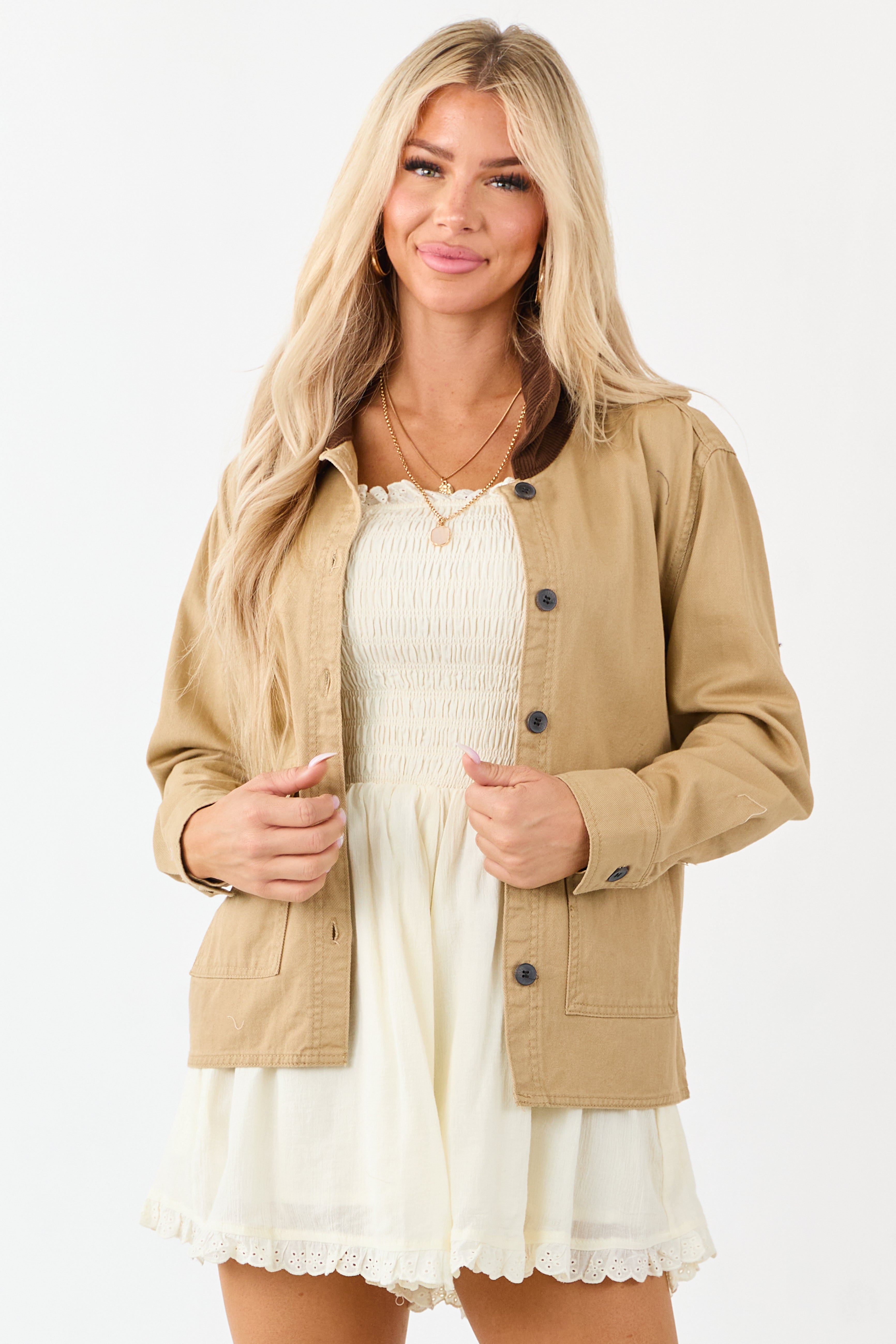 Camel Denim Contrast Corduroy Collar Button Up Jacket | Lime Lush