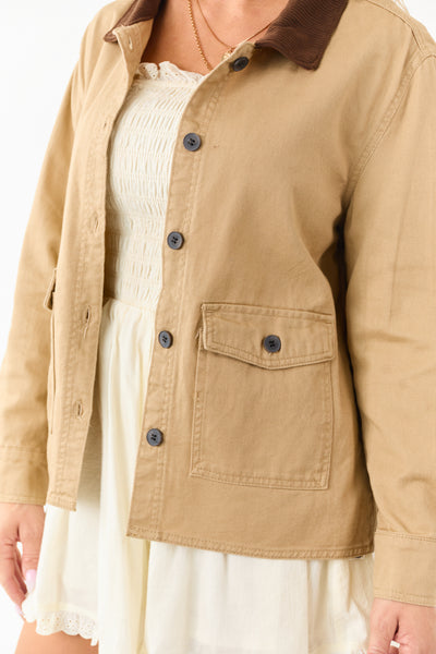 Camel Denim Contrast Corduroy Collar Button Up Jacket