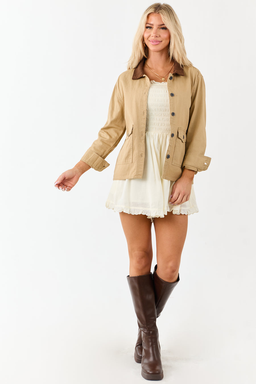 Camel Denim Contrast Corduroy Collar Button Up Jacket