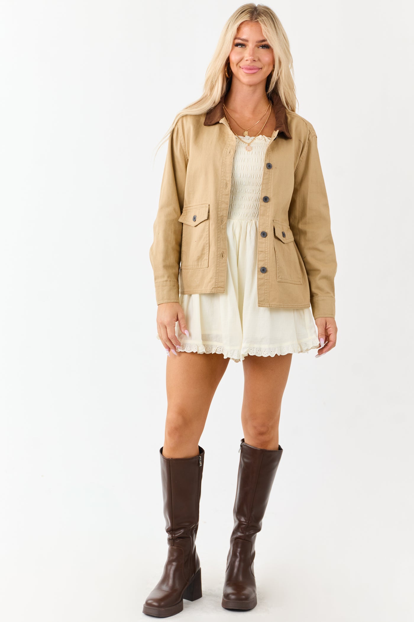 Camel Denim Contrast Corduroy Collar Button Up Jacket